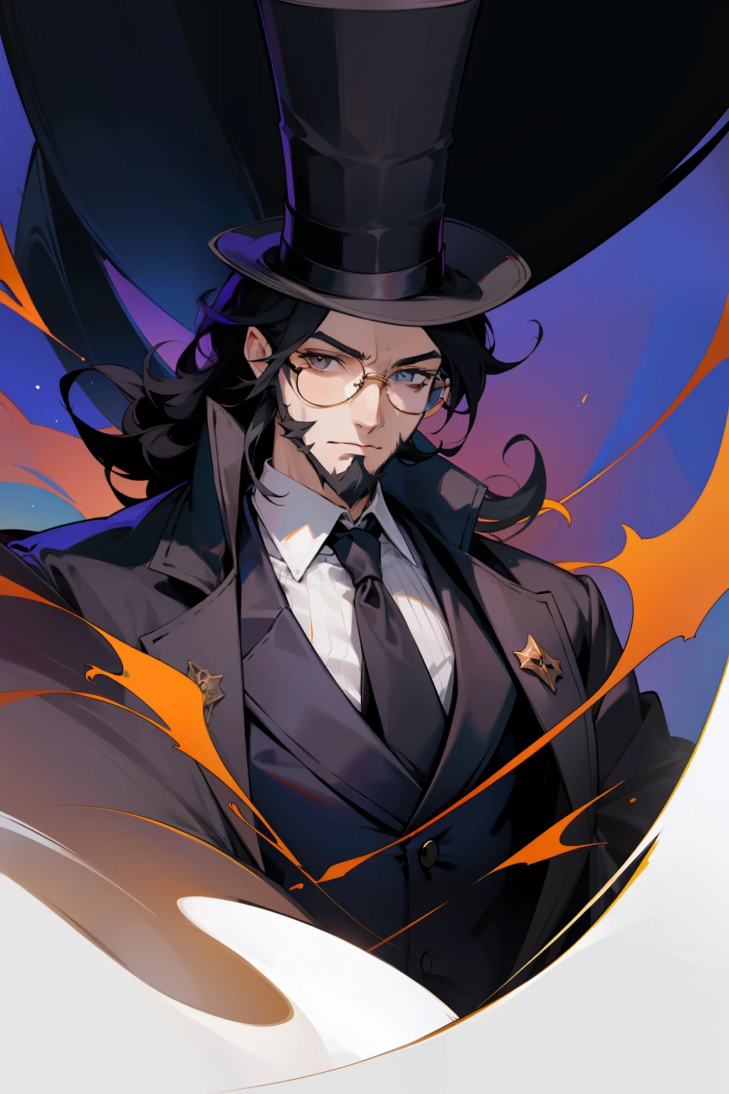 tmasterpiece, 1boy, ember, full beard, black  hair, gray eyes, eyeglasses, A Deep Look, top hat, overcoat, Shirt, Upper torso, portraite of a, beste-Qualit, nobleman, ball