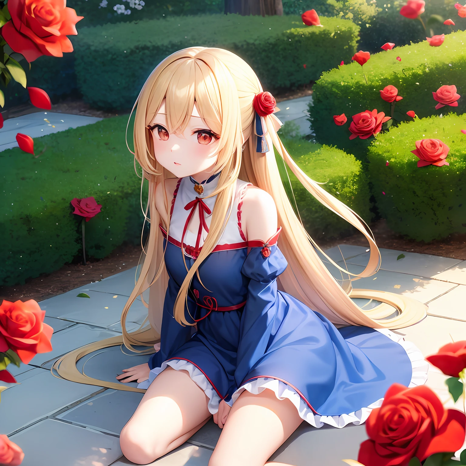 Long Blonde Hair、red eyes、One pretty girl、独奏、animesque、a blue dress、rose garden、Cold expression