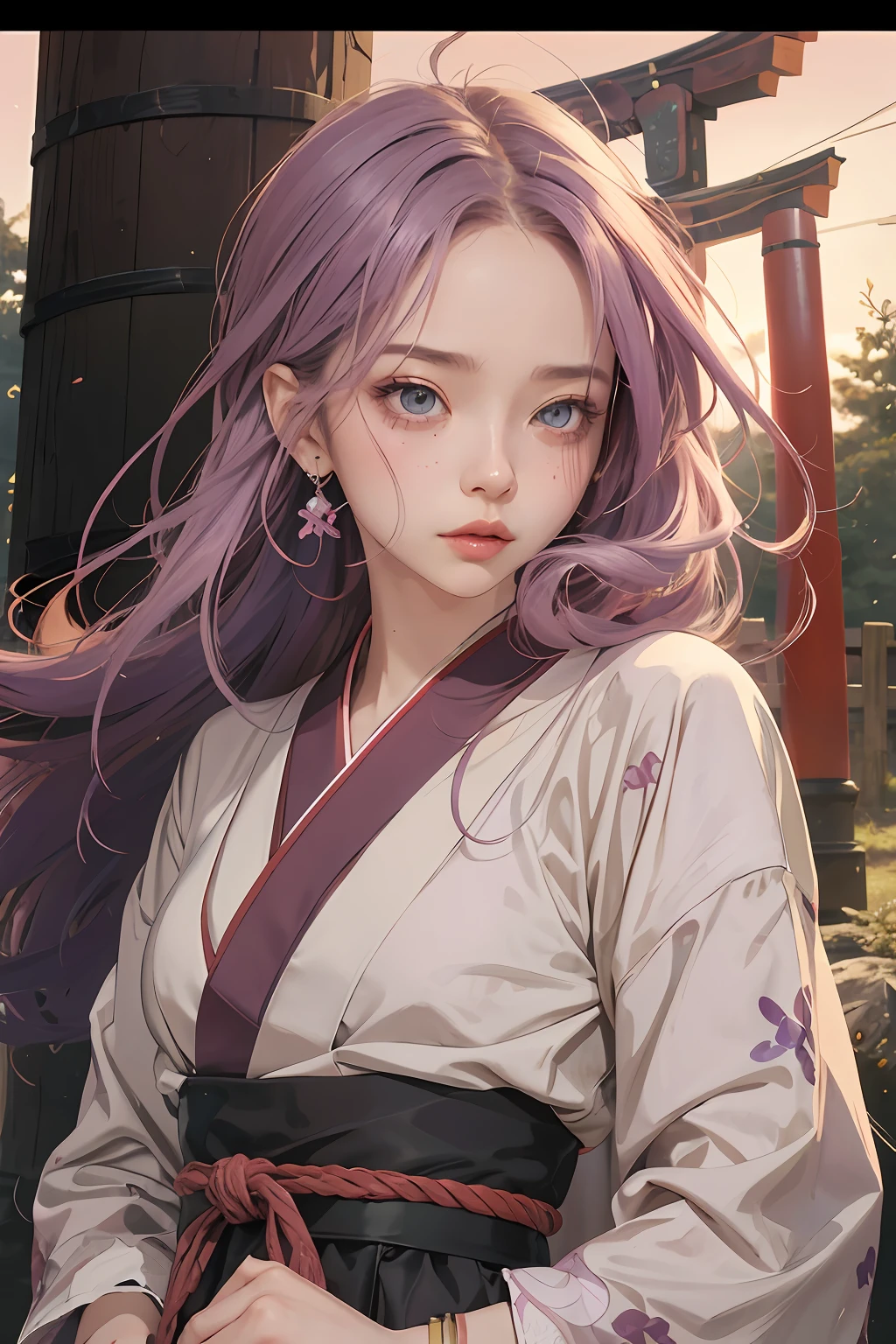 anime girl with beautiful eyes, brown purple pupils, holding a small floating adzuki red bean, gently blushing with alluring lip gloss, mysterious, swag and chic girl, anime girl, lofi girl, in style of digital illustration, aesthetic cute with flutter, soda themed girl, in an anime style, lofi portrait - girl with purple hair and wearing traditional Japanese costume, futuristic, with japanese torii gate as background, Japanese shrine gate, purple pastel atmosphere, spiritual forest garden, sunset, dusk, beautiful, romantic, colourful, detailed, AI art, powerful, digital art, futuristic scene, anime art, anime portrait, torii gate in the middle of the garden