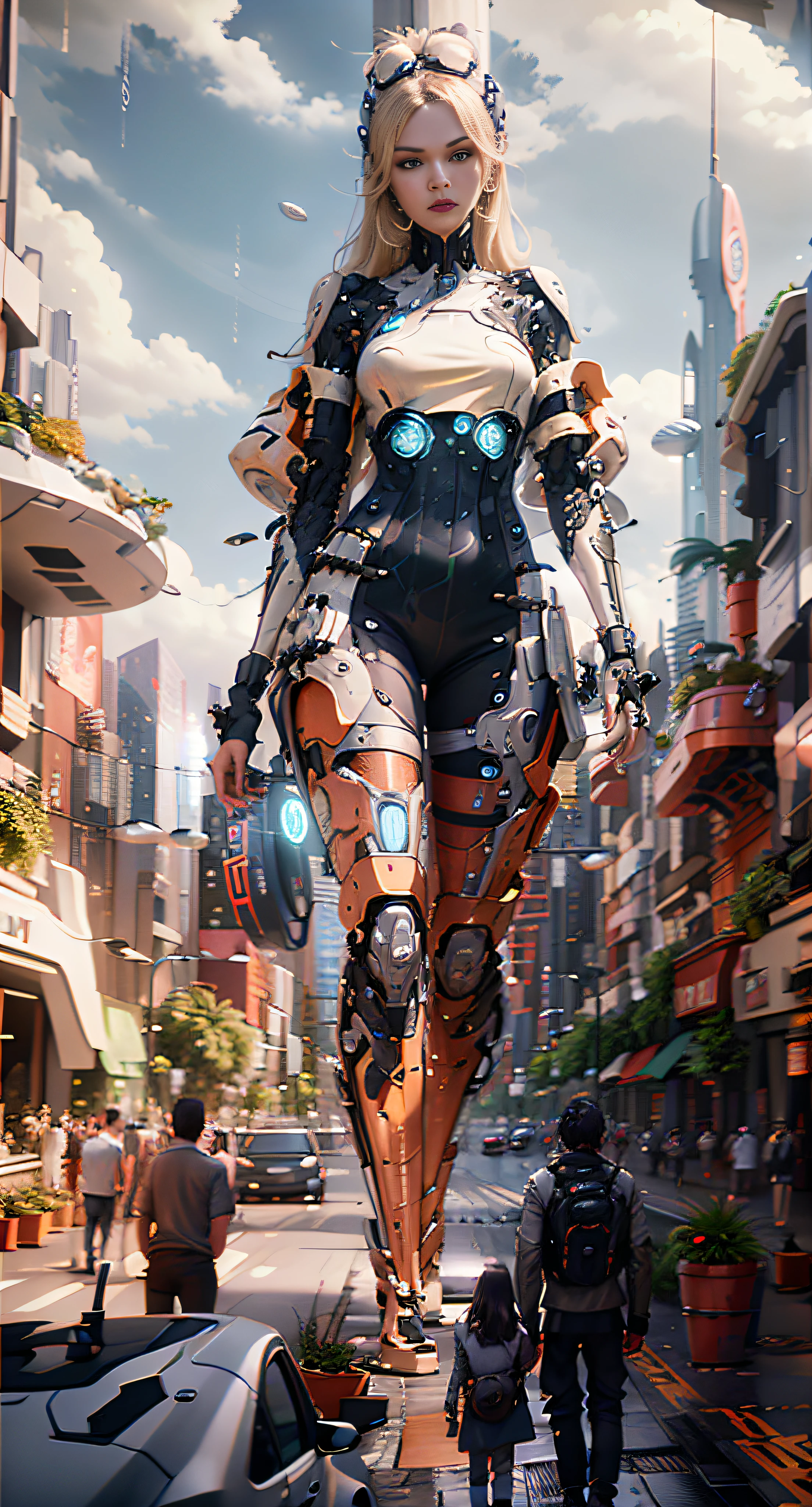 walking down a city street, futurecity, rain, night, architecture, The street is lined with tall buildings, creating a futuristic atmosphere. robots and future cars, adding to the lively scene.