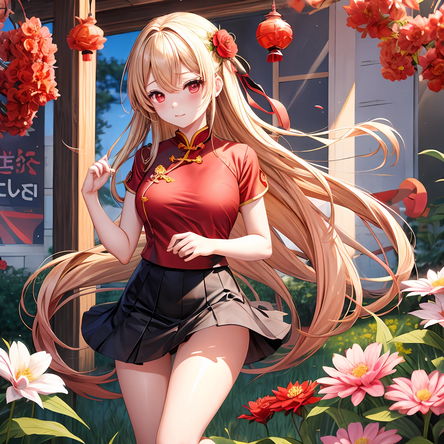 a blond、red eyes、One pretty girl、独奏、animesque、flower field、red blush、Black cheongsam、a miniskirt