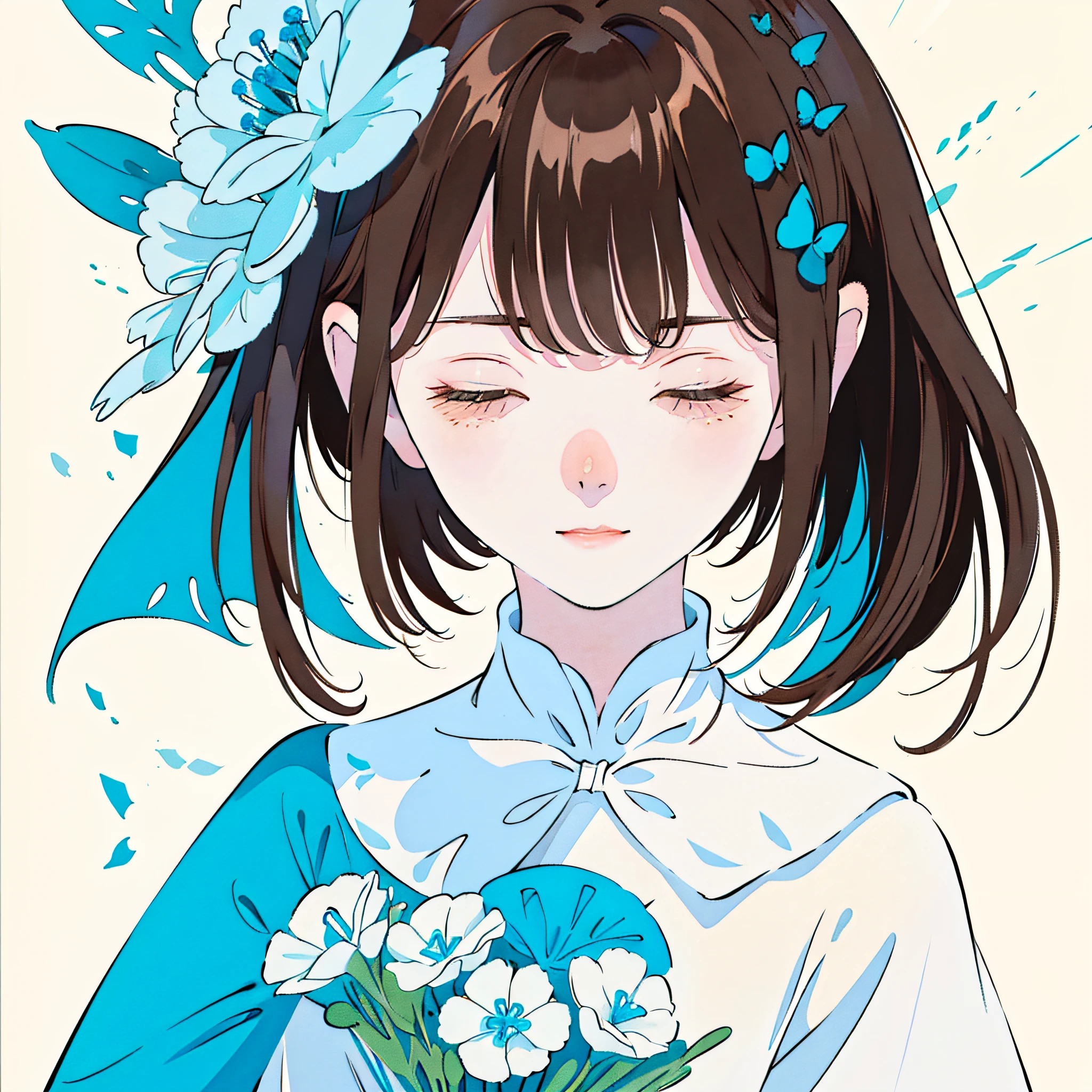 pale color, abstract, blurry, low contrast, top quality, masterpiece, beautiful illustration, simple background, best light, 1girl, solo, front, close up, light-brown hair, white skin, close eyes, long eyelashes, holding a bouquet of the nemophila,