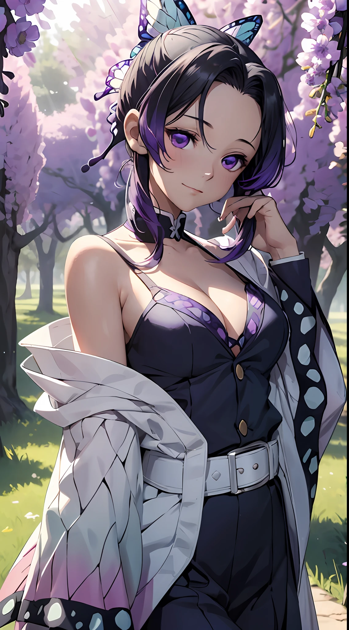 Ultra-realistic 8K CG,tmasterpiece,((Ultra detailed backgrounds,delicate patterns,Complicated details)),Best quality at best,very vey very detailed face,very detailed eyes and faces,Very detailed eyes,Kochou Shinobu,O cabelo multicolorido,No bangs,hair intakes,Purple eye,haori,butterflys,obi ?????,(trpical garden:1.2),purple flower,mostly cloudy sky,rays of sunshine,Tyndall effect,Gradient_sky,the face,beautiful sky,Saber on the waist,captivating posture,(Large breasts:1.3),(cleavage:1.3),(Off-the-shoulder attire:1.6)
