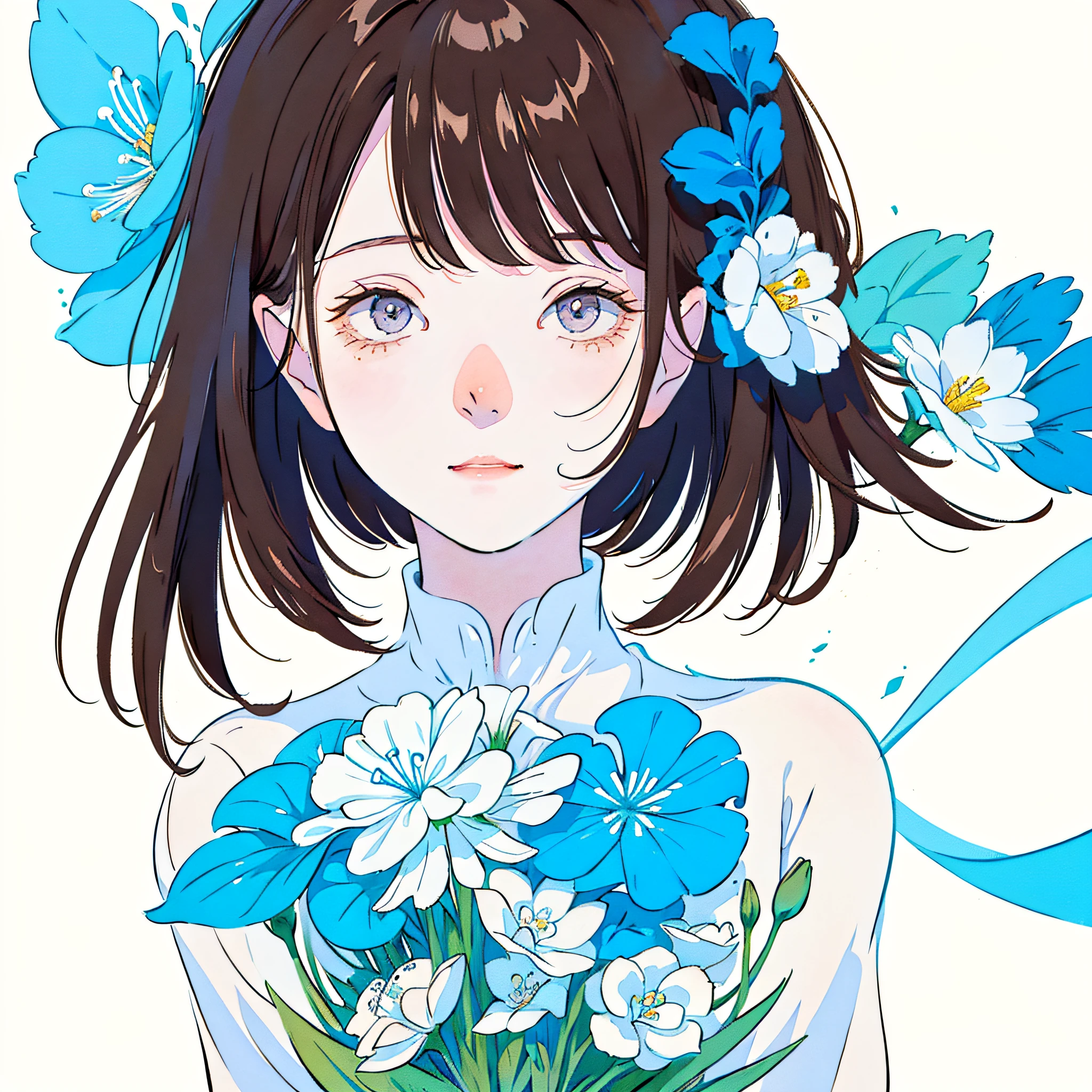 pale color, abstract, blurry, low contrast, top quality, masterpiece, beautiful illustration, simple background, best light, 1girl, solo, front, close up, light-brown hair, white skin, close eyes, long eyelashes, holding a bouquet of the nemophila,