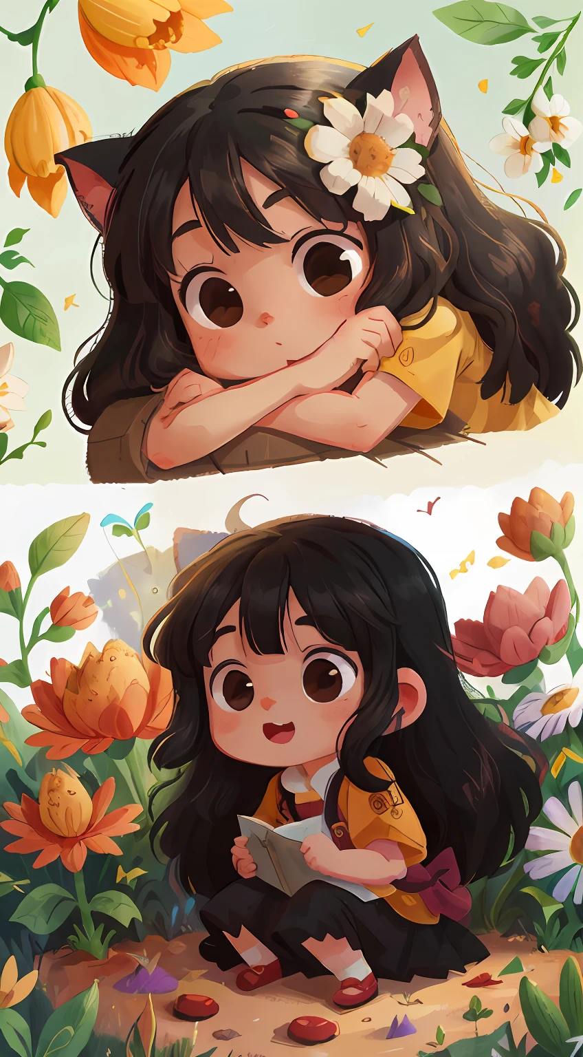 A girl, black hair, cat, many flowers, happy, happy, perfect quality, clear focus (clutter - home: 0.8), (masterpiece: 1.2) (realistic: 1.2) (bokeh) (best quality) (detailed skin: 1.3) (complex details) (8K) (detail eyes) (sharp focus), (happy) full body, one children, clean background, long view composition, 85MM SHOT
