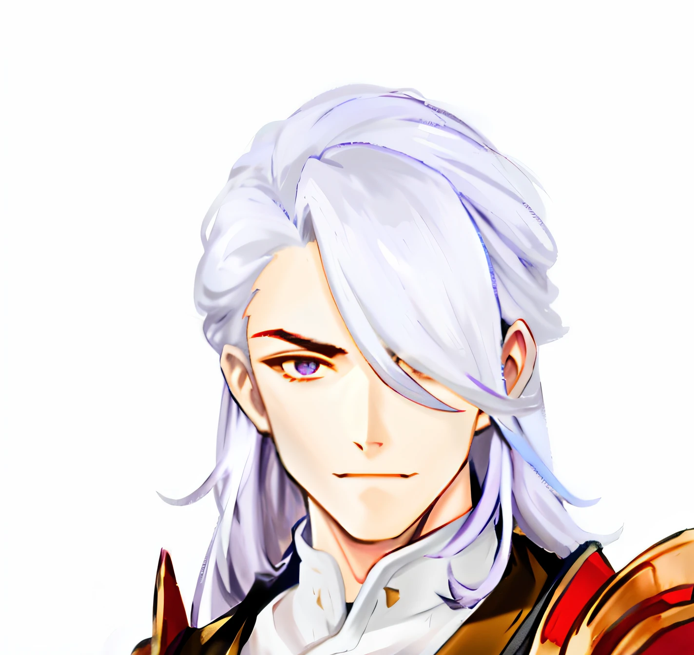 Anime characters with white hair and purple hair in red and gold costumes, portrait of dragoon, crisp clear rpg portrait, casimir art, portrait of thancred, roguish smirk, Beautiful androgynous prince, zhongli from genshin impact, Keqing from Genshin Impact, Delicate androgynous prince, white haired Cangcang, onmyoji portrait