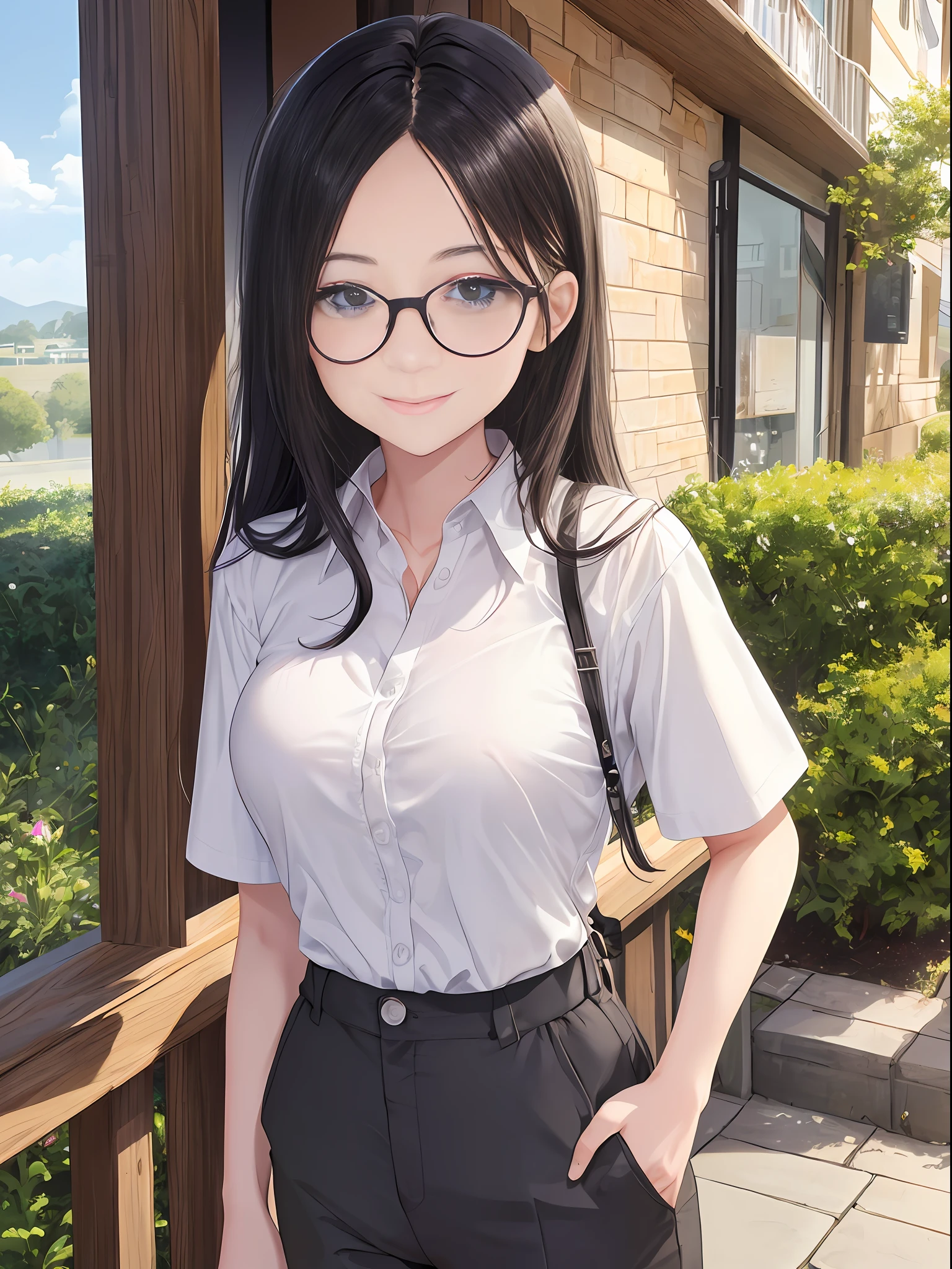 (masterpiece), best quality, expressive eyes, perfect face, 1girl, solo, (bokeh: 1.2) , (illustration: 1.1), (best eyes: 1.3), (scenery: 1.2), (sketch: 1.1), (colorful: 0.9), (depth of field: 0.75),
(detailed eyes: 1.4), dynamic view, (forehead: 1.2), forehead, black hair, bright eyes, white glasses, green eyes,
(Intricate shirt: 1.4), gray color shirt, short sleeves, button on, (gray short pant: 1.2), black leather shoes, show legs, tall body, medium breast,
looking_at_viewer, smile, park, outdoor, warm, sunny, sunray,