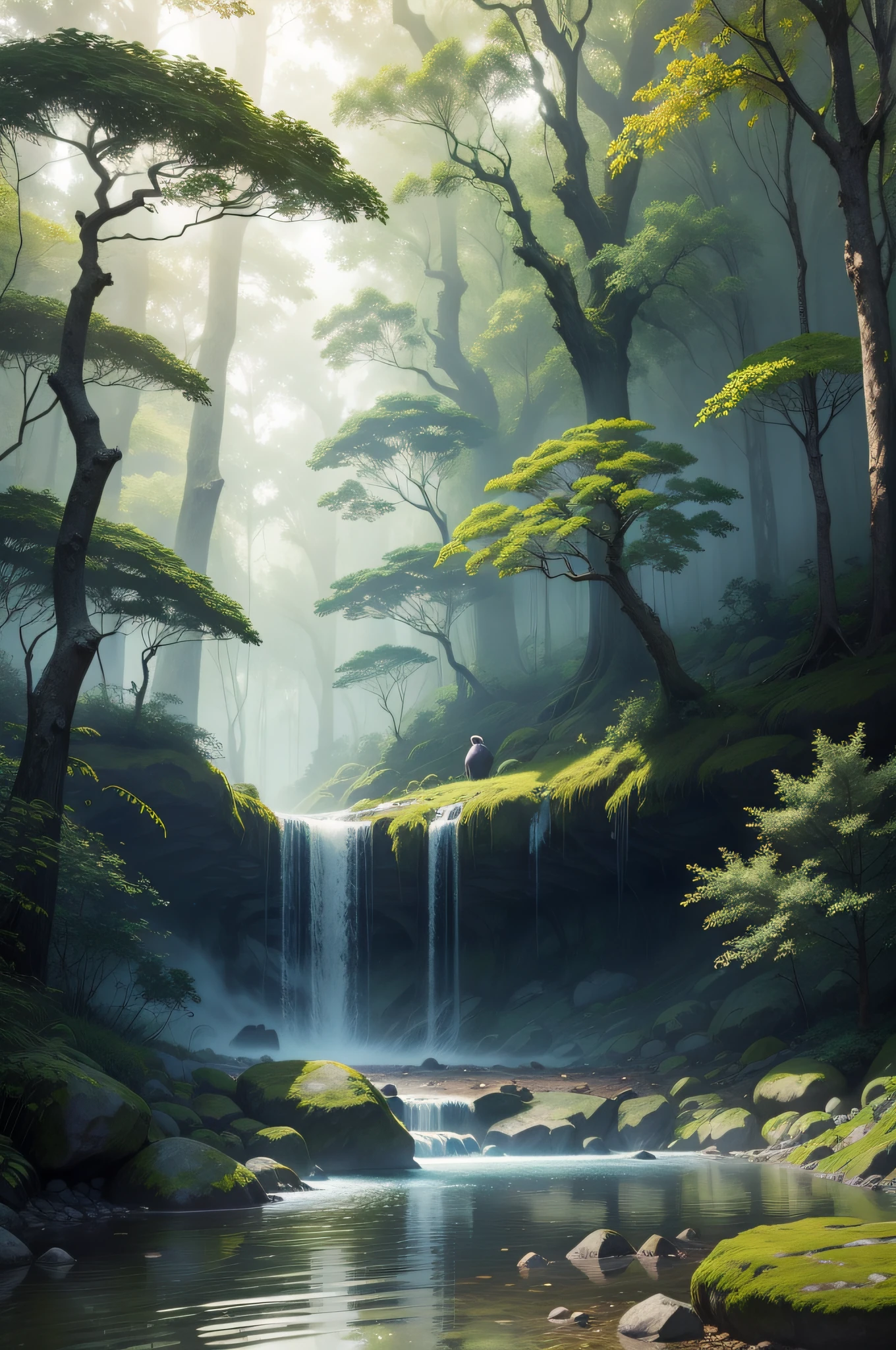 peaceful ,cooling,misty , forest jungle sense, big tree,beautiful flowers, wild bird, stream and stone for sitting background