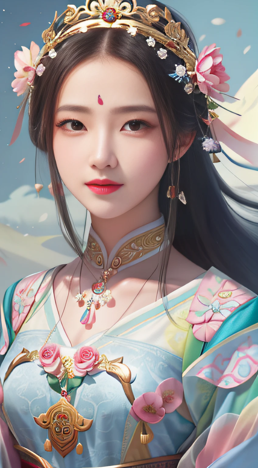 Close-up of a woman in a floral dress and crown, Guviz-style artwork, Guviz, Inspired by Lan Ying, Beautiful character painting, Palace ， A girl in Hanfu, Inspired by Qiu Ying, inspired by Wu Bin, a beautiful fantasy empress, Inspired by Fenghua Zhong, inspired by Park Hua