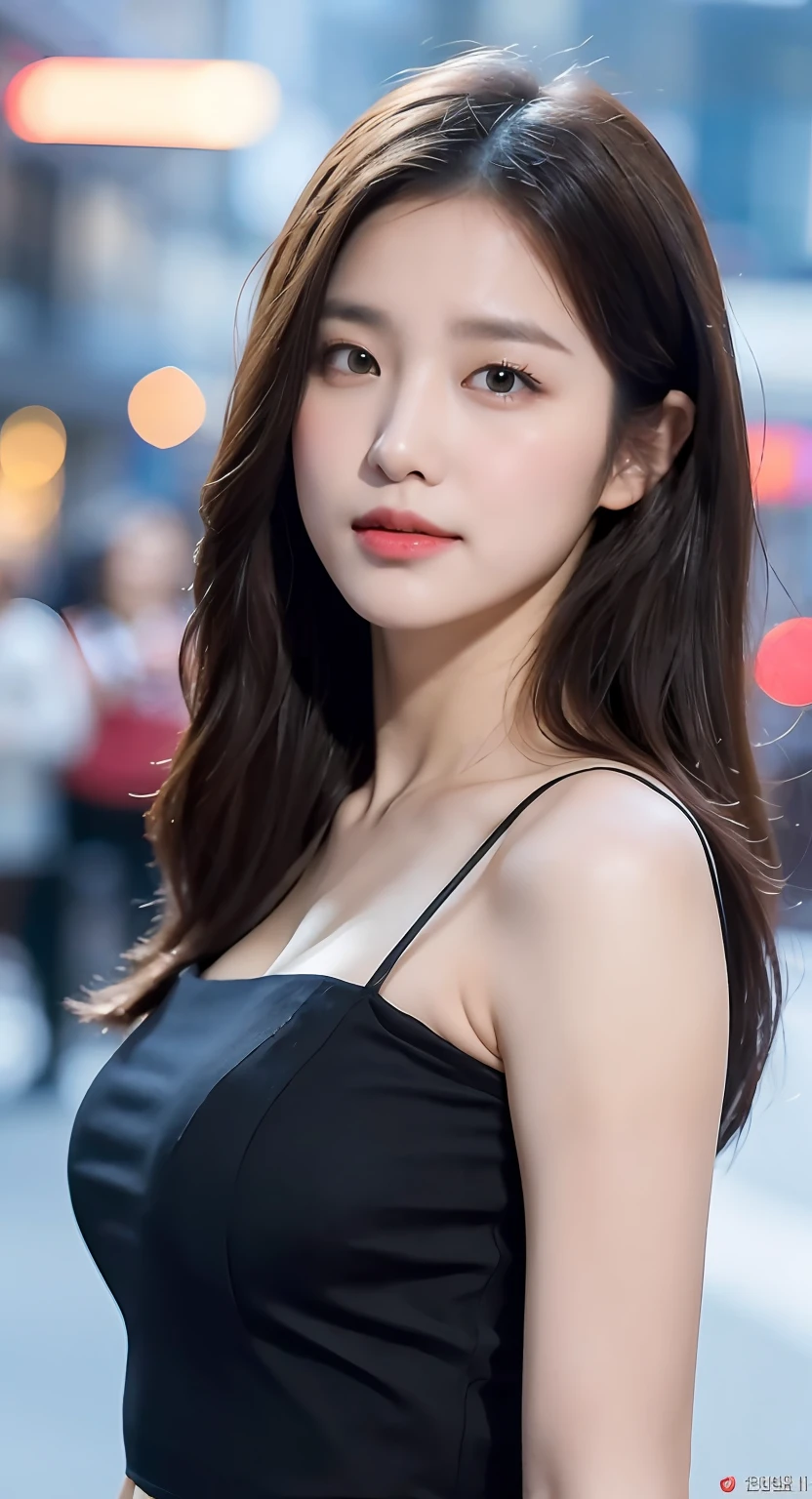 (1 Korean star with royal sister style), ((best quality, 8k, masterpiece: 1.3)), focus: 1.2, perfect body beauty: 1.4 , (funny expression), (night street: 1.3), highly detailed face and skin texture, fine eyes, double eyelids, whitened skin, (air bangs: 1.3), (round face: 1.5), (thin strap top: 1.4),