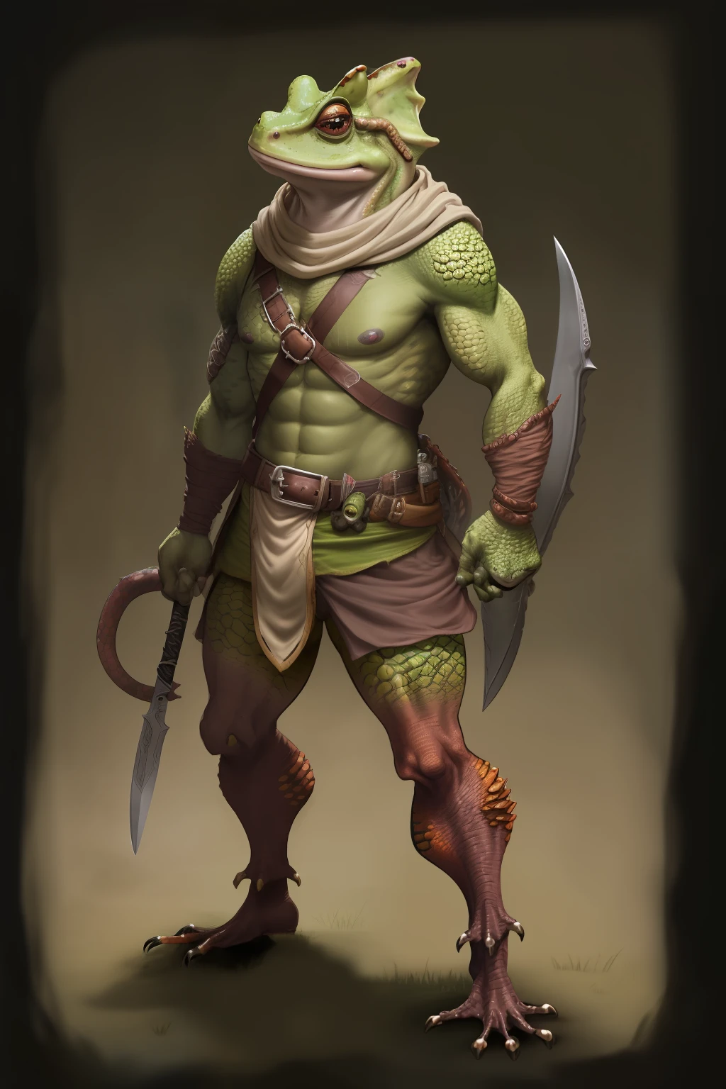 The character is an aggressive toad, Pathfinder class, dnd, in scaly clothes, full length, humanoid,, Dull appearance, Fantasy, Hunting bow behind your back, Agile fighter, in a tracker costume, Charismatic, in the hand of the hook Nur, Male gender, There is an applied knife on the belt, Medium build, frontal view, toad, The Frog Man, Toad-like, froggy, Grung, Rasa Grung, Not a reptile, Toad's legs , Toad legs, flippers