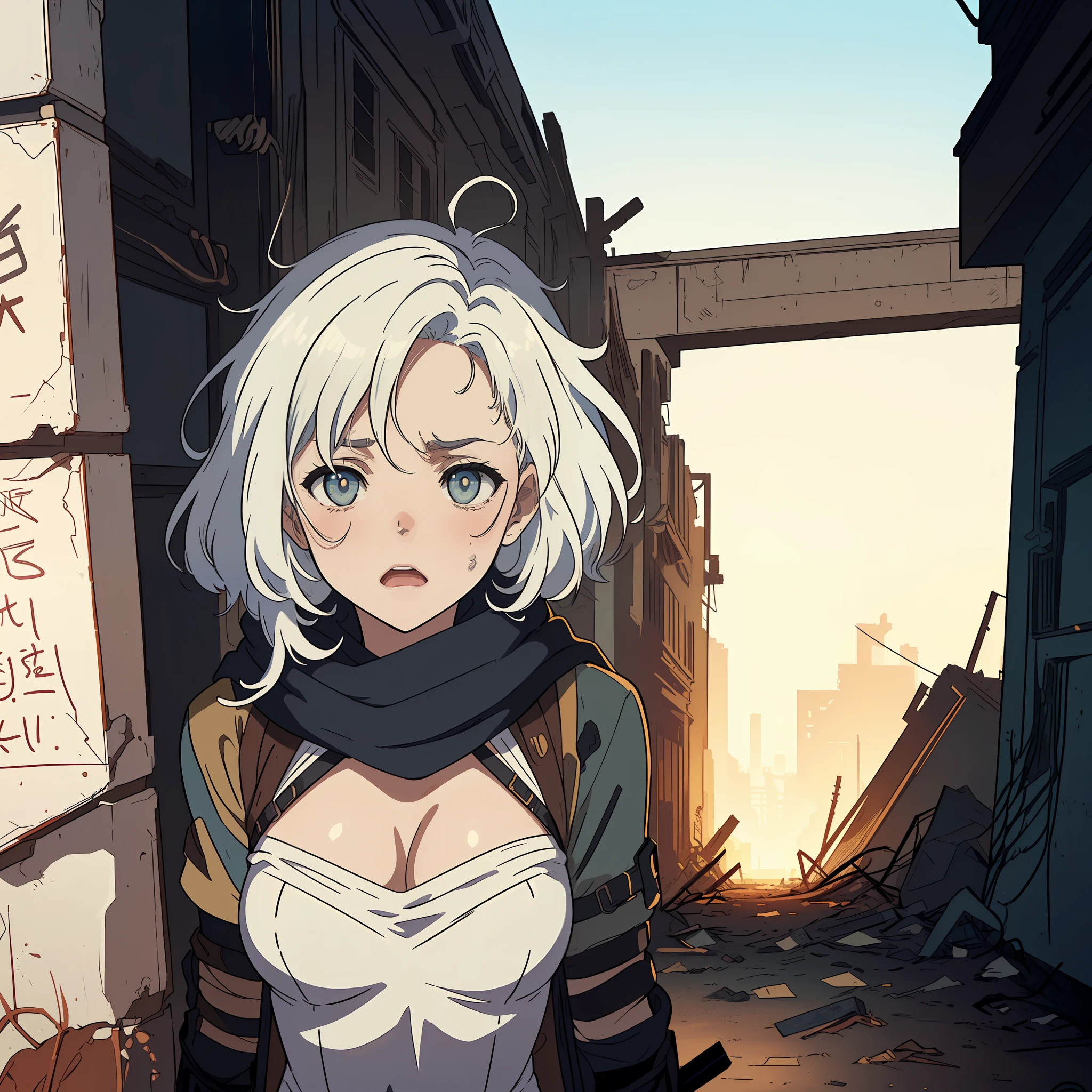 (((8K,2 thousand.))),(tmasterpiece))), (((beste-Qualit))), (Ultra-detailed) ((highly detailed CG illustration)), ((Extraordinarily gentle and beautiful face)),,a 1girl,( ConceptArt) , , (tmasterpiece:1.2), (beste-Qualit:1.3), (One backstory, whitebackground: 1.3),((((CHARACTERS OF THE POST-APOCALYPTIC WORLD OF THE WASTELAND)))), (( Characters: WANDERERS, RAIDERS)), ((((( концепты MAD MAX))))), (( beatiful face)), (( high-quality face)), ((((Absolutely beautiful anime eyes of absolutely all characters)))) ,((( No underpants)) , Pose for a character concept, (((( Post-apocalyptic wasteland)))), ((( Emotions are random))), (( agitated face))) ,(((A character in the world of the post-apocalypse))) , (((Letter - pcrchonej))), ((( Detailed study of the concept of character))) , ((Page design)) , ((( different emotions))), (((Average Breasts))),((One girl close-up)),((((Maximally Simple Anime Style)))), ,((((Perfect anime faces)))), (((hides large breasts))), ((((hid around the corner)))) , (((hide-and-seek))),((((white colored hair, only Black Scarf))))