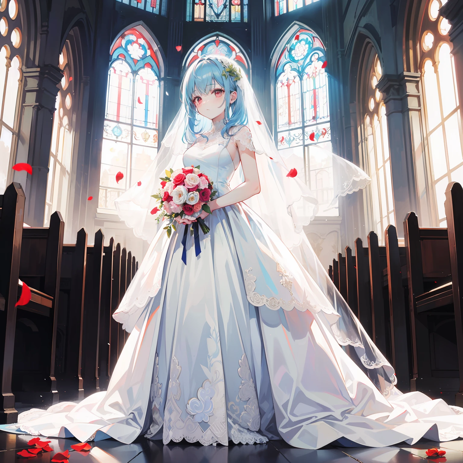 artistic photograph, Real light and shadow on a sunny day,autumnal,church,((silk Wedding Dress)),1 beautiful girl,Mid shot, full body,(((Long light blue hair))),Red eyes,(long hair),(Red petal),