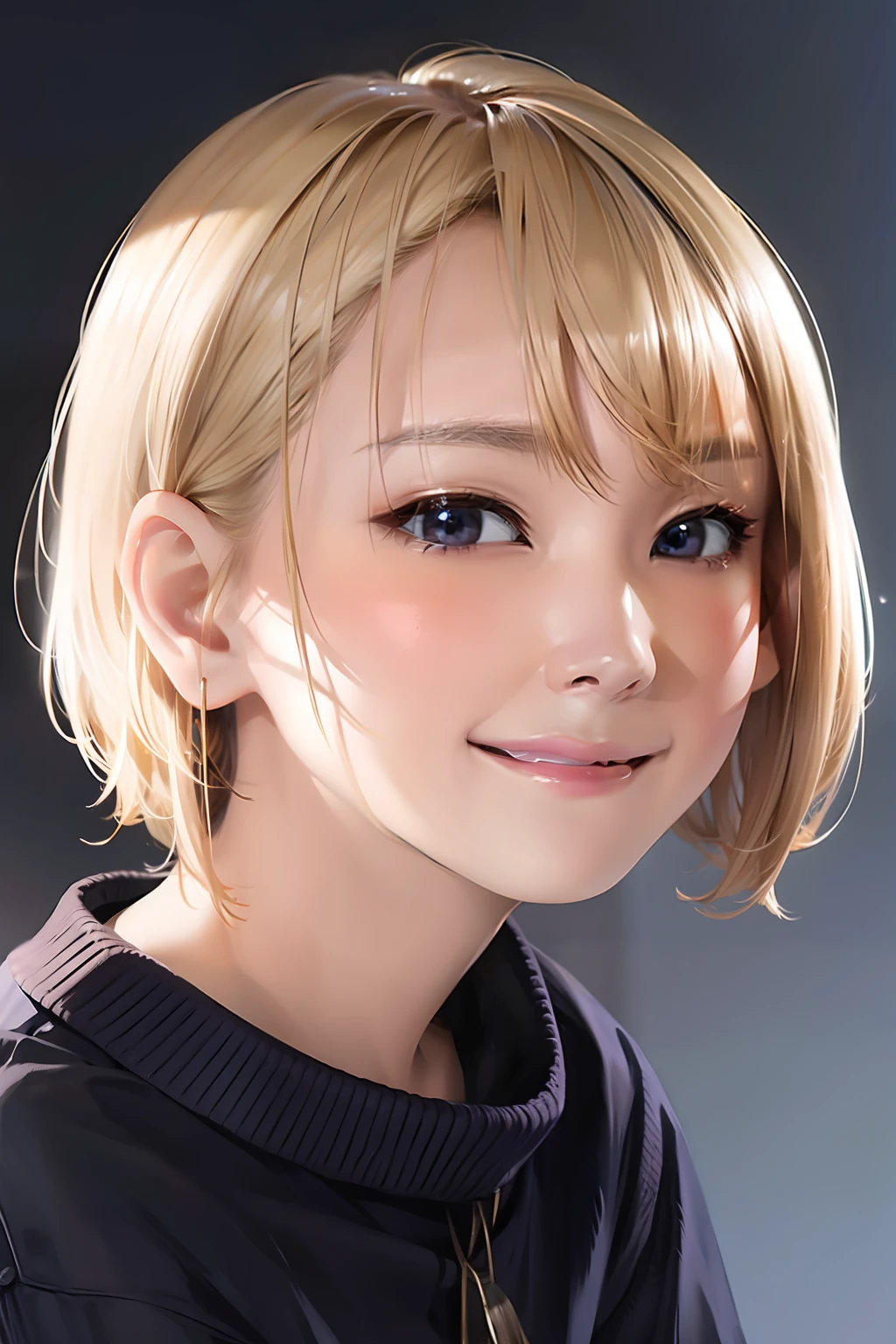 Small face、Small nose、Small mouth、Blonde Bob、light skinned、Fine-grained skin、The nasal muscles are passing through、a smile、dual