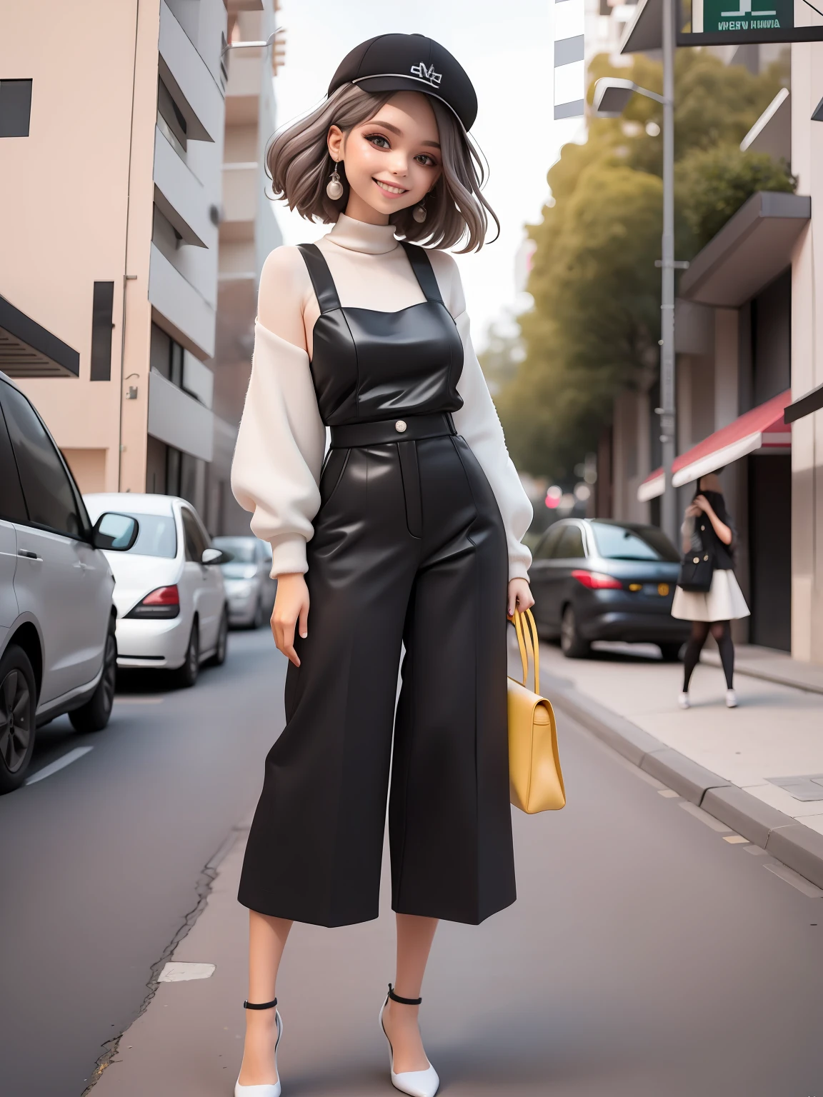 menina, roupas de inverno, sorriso claro, corpo inteiro, cabelo moderno e preso, Modern accessories, tons terrosos, fundo simples.