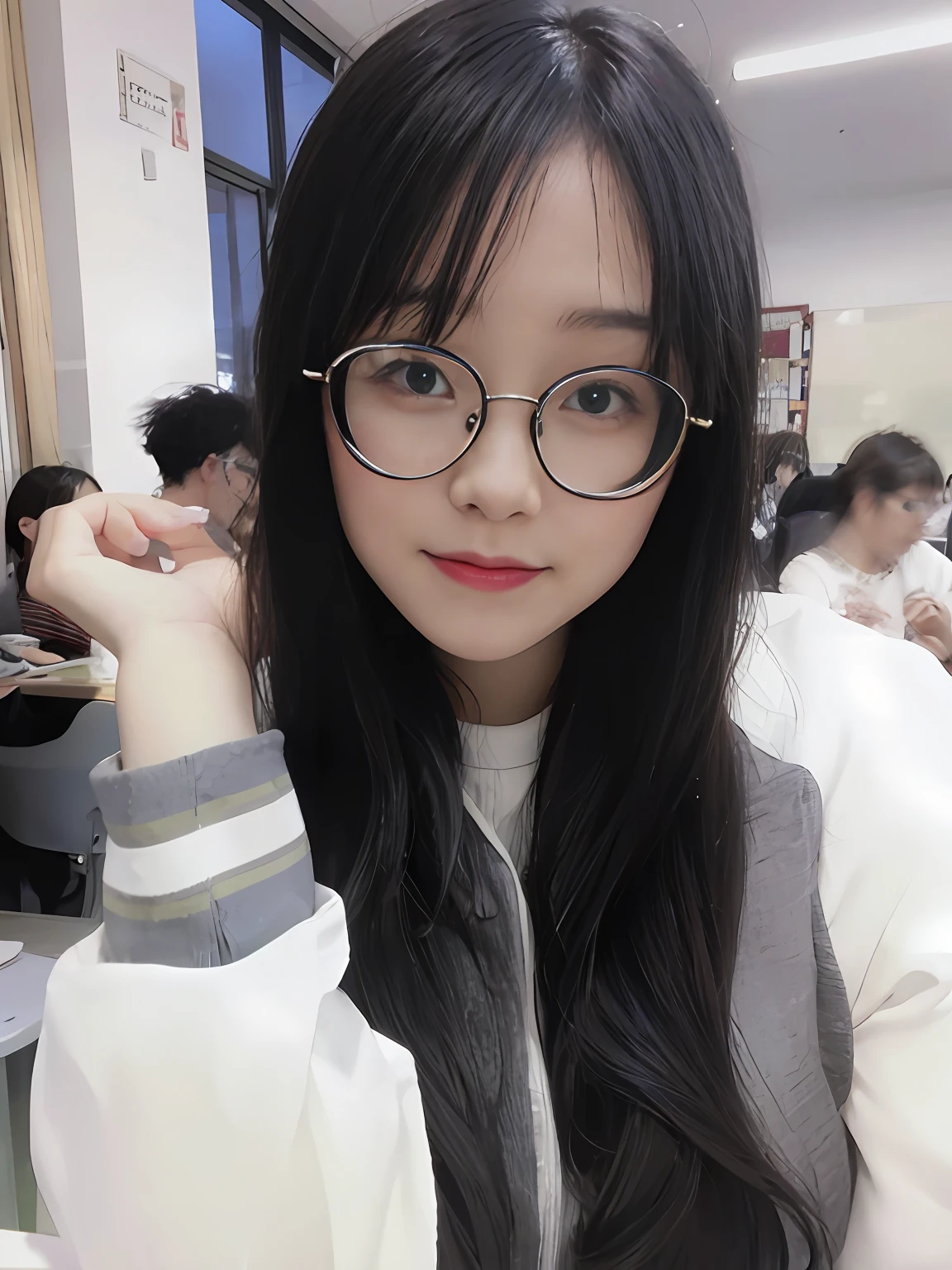 Close-up of a woman with glasses sitting at a table, With glasses, wearing thin large round glasses, wearing small round glasses,JK school uniform,Milk leakage,ssmile