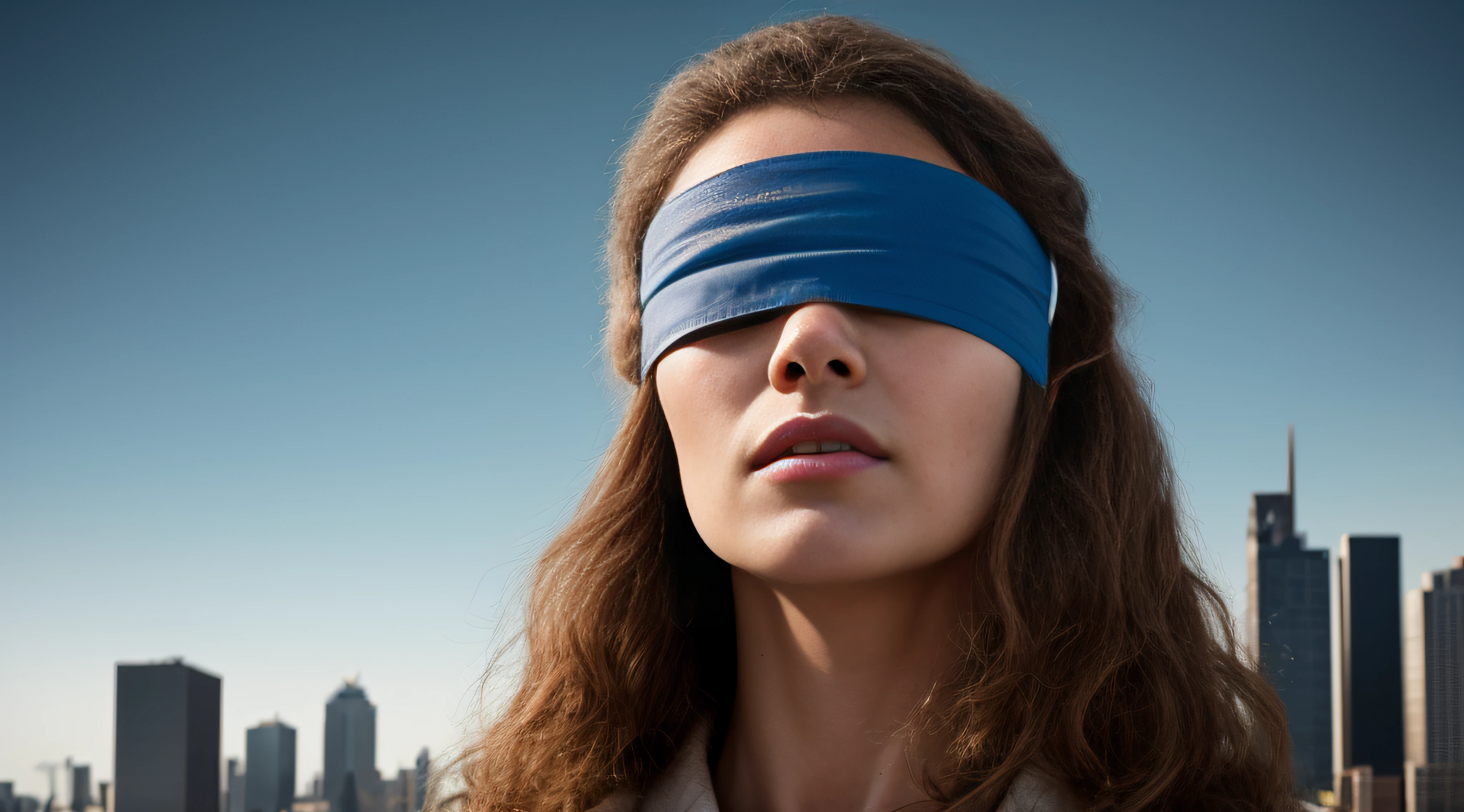 «»A photorealistic image of a feminist woman with her eyes blindfolded«», symbolizing the fight for gender equality. The woman stands confidently, with her head held high, representing strength and resilience. The blindfold serves as a powerful statement against the obstacles faced by women in their pursuit of justice and empowerment. The background can be a cityscape or a protest scene, emphasizing the woman's role in advocating for change. The lighting should be impactful, with a mix of warm and cool tones, creating a dynamic and emotional atmosphere. The resolution is set at a professional 8K level, ensuring meticulous attention to detail in the woman's facial expressions and the textures of the blindfold. The final image should be a powerful and realistic portrayal of the feminist woman, capturing the essence of her determination and courage.