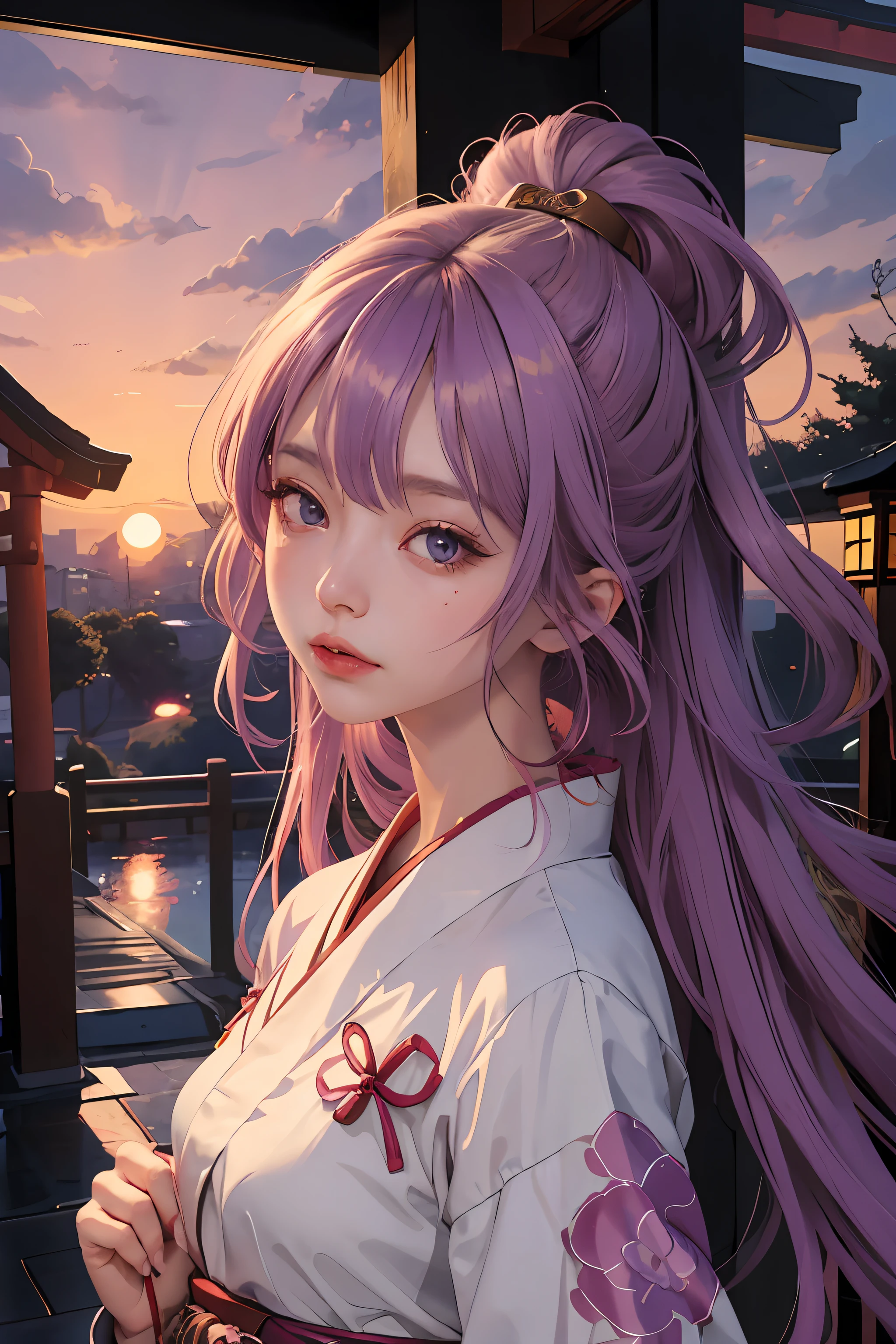 anime girl with beautiful eyes, brown purple pupils, holding a small floating adzuki red bean, gently blushing with alluring lip gloss, mysterious, swag and chic girl, anime girl, lofi girl, in style of digital illustration, aesthetic cute with flutter, soda themed girl, in an anime style, lofi portrait - girl with purple hair and wearing traditional Japanese costume, futuristic, with japanese torii gate as background, Japanese shrine gate, purple pastel atmosphere, spiritual forest garden, sunset, dusk, beautiful, romantic, colourful, detailed, AI art, powerful, digital art, futuristic scene, anime art, anime portrait