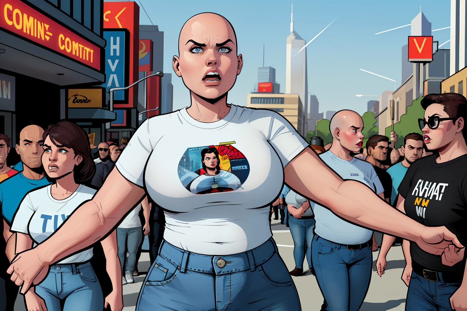 woman, fat, bald, wearing a white tshirt, blue denim pants, angry expressions, confronting, crowd, counter protest, city, daytime, comic book style, flat shaded, prominent comic book outline linework