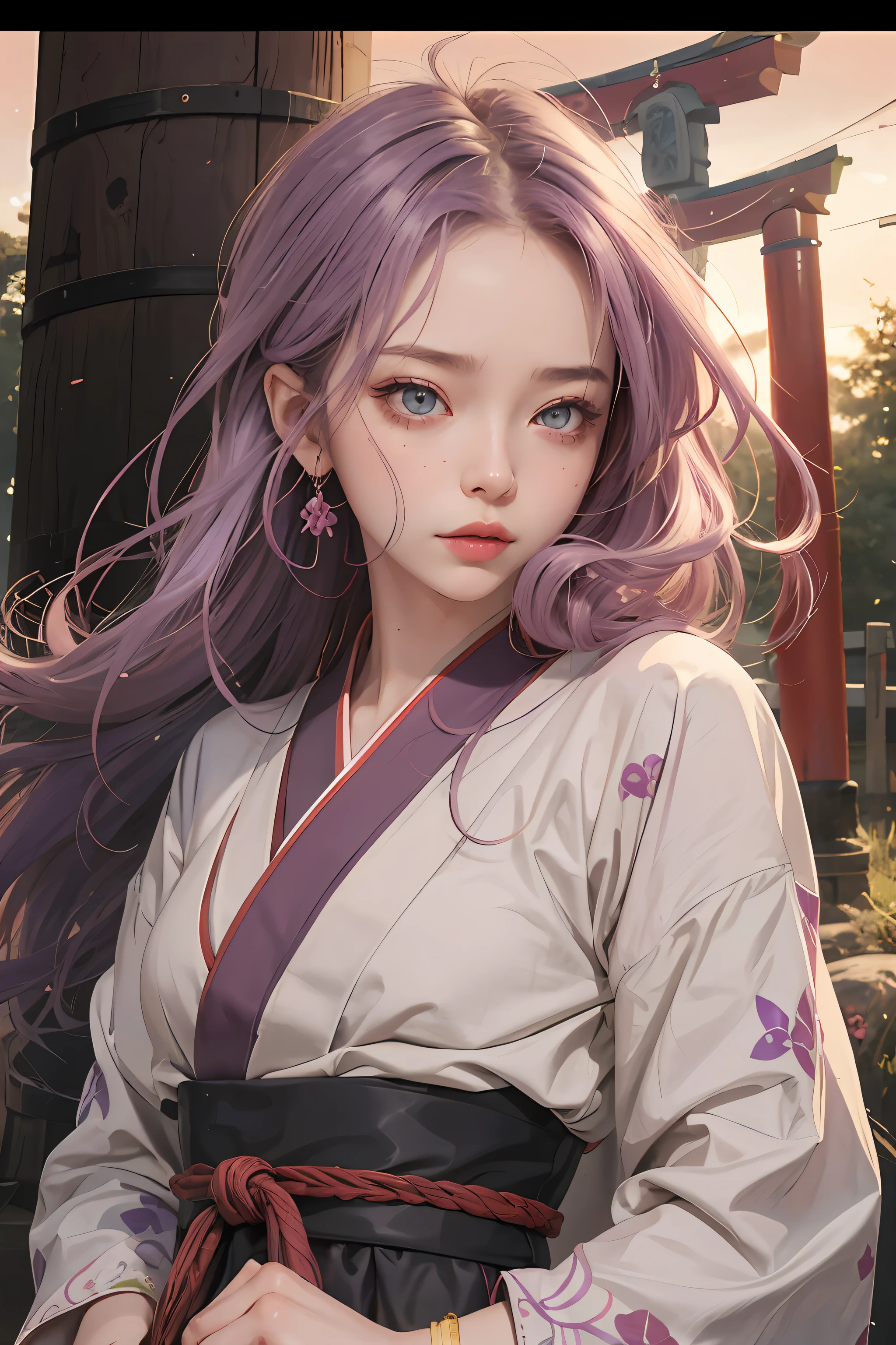 anime girl with beautiful eyes, brown purple pupils, holding a small floating adzuki red bean, gently blushing with alluring lip gloss, mysterious, swag and chic girl, anime girl, lofi girl, in style of digital illustration, aesthetic cute with flutter, soda themed girl, in an anime style, lofi portrait - girl with purple hair and wearing traditional Japanese costume, futuristic, with japanese torii gate as background, Japanese shrine gate, purple pastel atmosphere, spiritual forest garden, sunset, dusk, beautiful, romantic, colourful, detailed, AI art, powerful, digital art, futuristic scene, anime art, anime portrait, torii gate in the middle of the garden