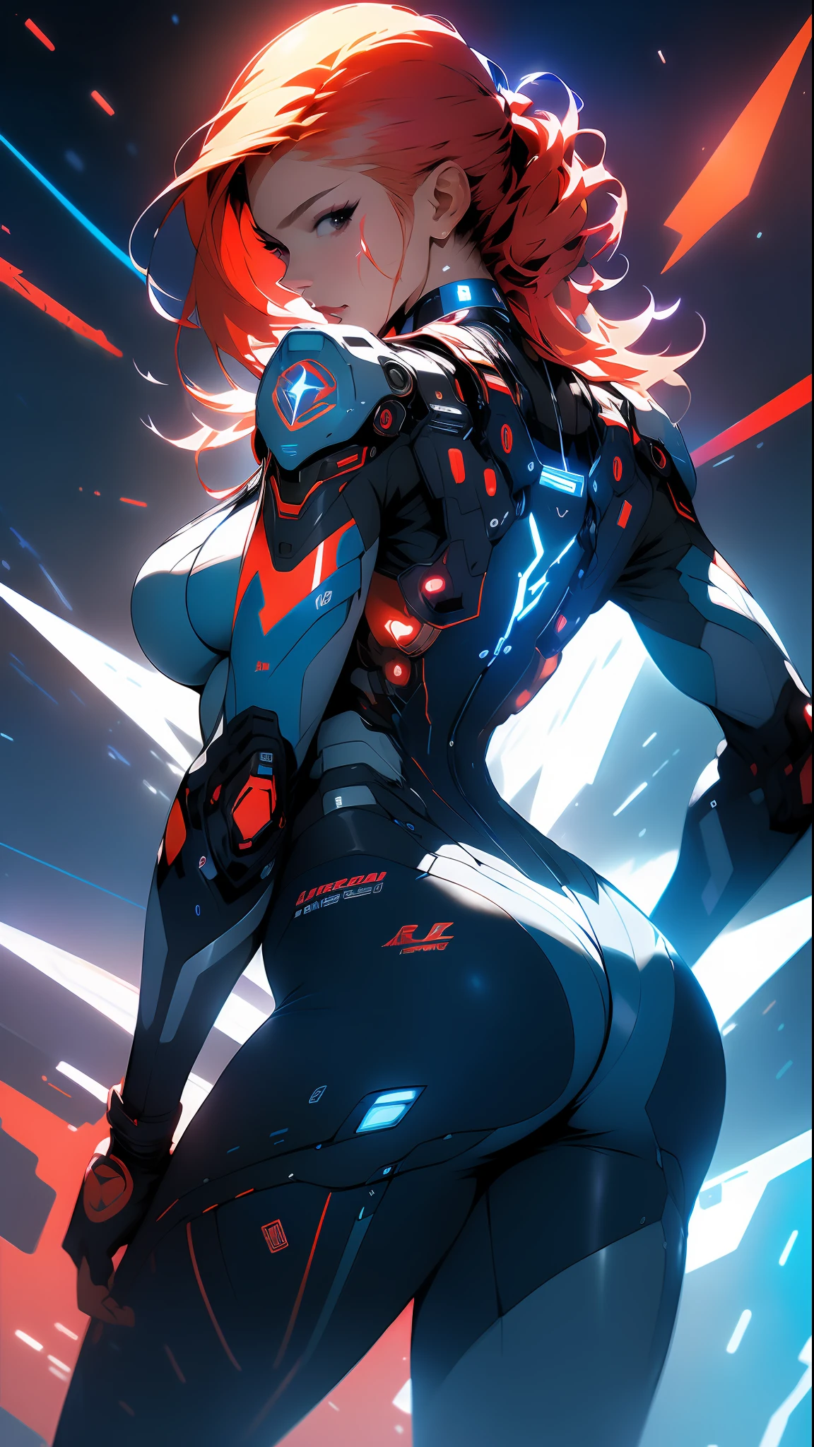 ((Best quality)), ((masterpiece)), (detailed: 1.4), (Absurd), Caucasian woman fighter pilot ready for war, back, perfect ass, defined muscular sculptural body, half-thick bare thighs, closed mouth, only in panties, muscular body covered in technological clothing, Neon Genesis Evangelion style, cyberpunk, generous neckline, ((perfect large breasts)), (blue eyes without pupils), ((very dark blue clothing, red and white)), (((short blonde straight hair misaligned like Lucy from cyberpunk: mercenaries)))), (thin white stripes left blue covering her breasts), (red and white stripes on her arms), (((lightning bolt drawings on her arms)), long manga-style eyelashes, short underwear, garter belt, by mucha, niji --V5, close to real, psychopathic, crazy face, sexy pose, background with a giant Gundam-style Robot head, 2 piece clothing, shoulder pads, airplane wings on the back, pastel, centered, scale to fit dimensions, HDR (High Dynamic Range),Ray Tracing,NVIDIA RTX,Super-Resolution,Unreal 5,Subsurface dispersion, PBR texture, Post-processing, Anisotropic filtering, Depth of field, Maximum clarity and sharpness, Multilayer textures, Albedo and specular maps, Surface shading, Accurate simulation of light-material interaction, Perfect proportions, Octane Render, Two-tone lighting, Wide aperture, Low ISO, White balance, Rule of thirds, 8K RAW, crysisnanosuit