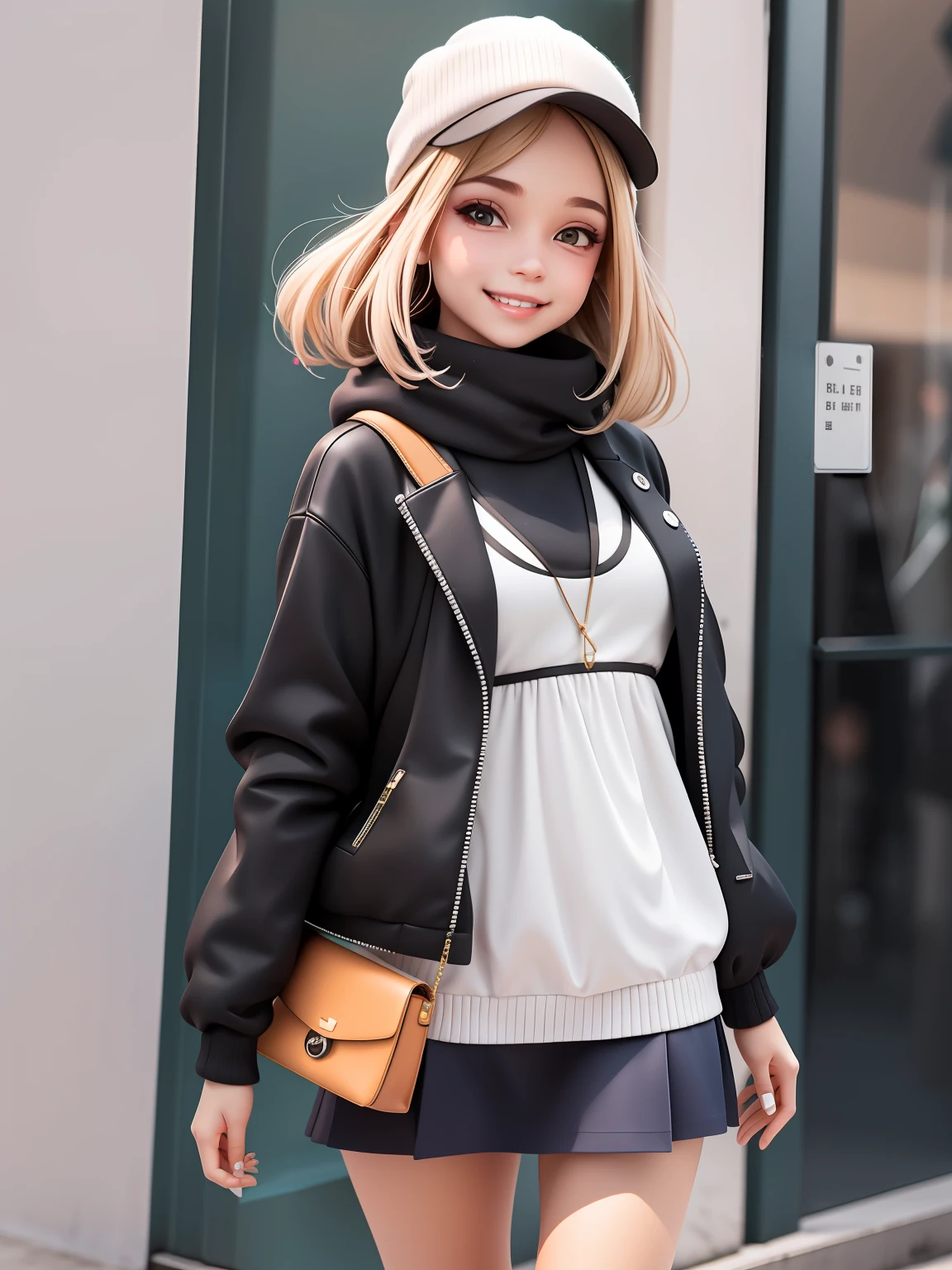 menina, roupas de inverno, sorriso claro, corpo inteiro, cabelo moderno e preso, Modern accessories, tons terrosos, fundo simples.