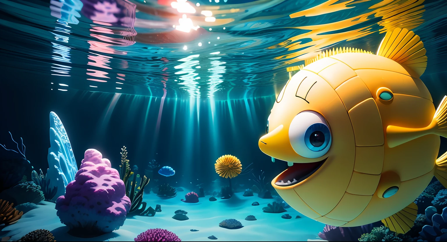 (tmasterpiece: 1.5), (best qualtiy: 1.5), A high resolution, highly detailed, 3DMM,Cool the ice,Underwater world of Antarctica,SpongeBob, Sunny and bright,vivid lighting,The depth of the atmosphere,masterful technique,Harmonious composition,Creative improvements,Striking juxtaposition,evocative hues,captivating coloration,dramatic lights