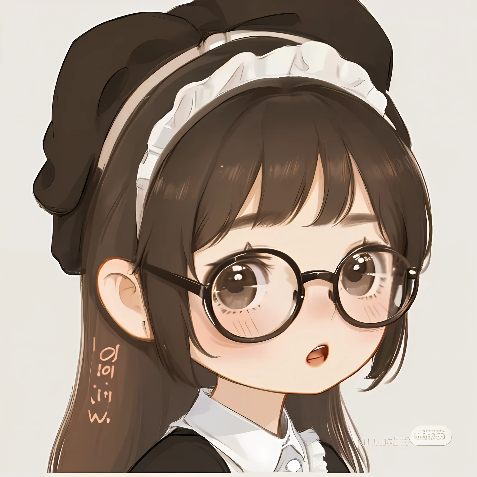 WW_Q, chibi,1girl, black hair, black circle glasses , brown eyes, looking at viewer, open mouth, maid dress, blush, white background, simple background, own hands together, upper body, artist name