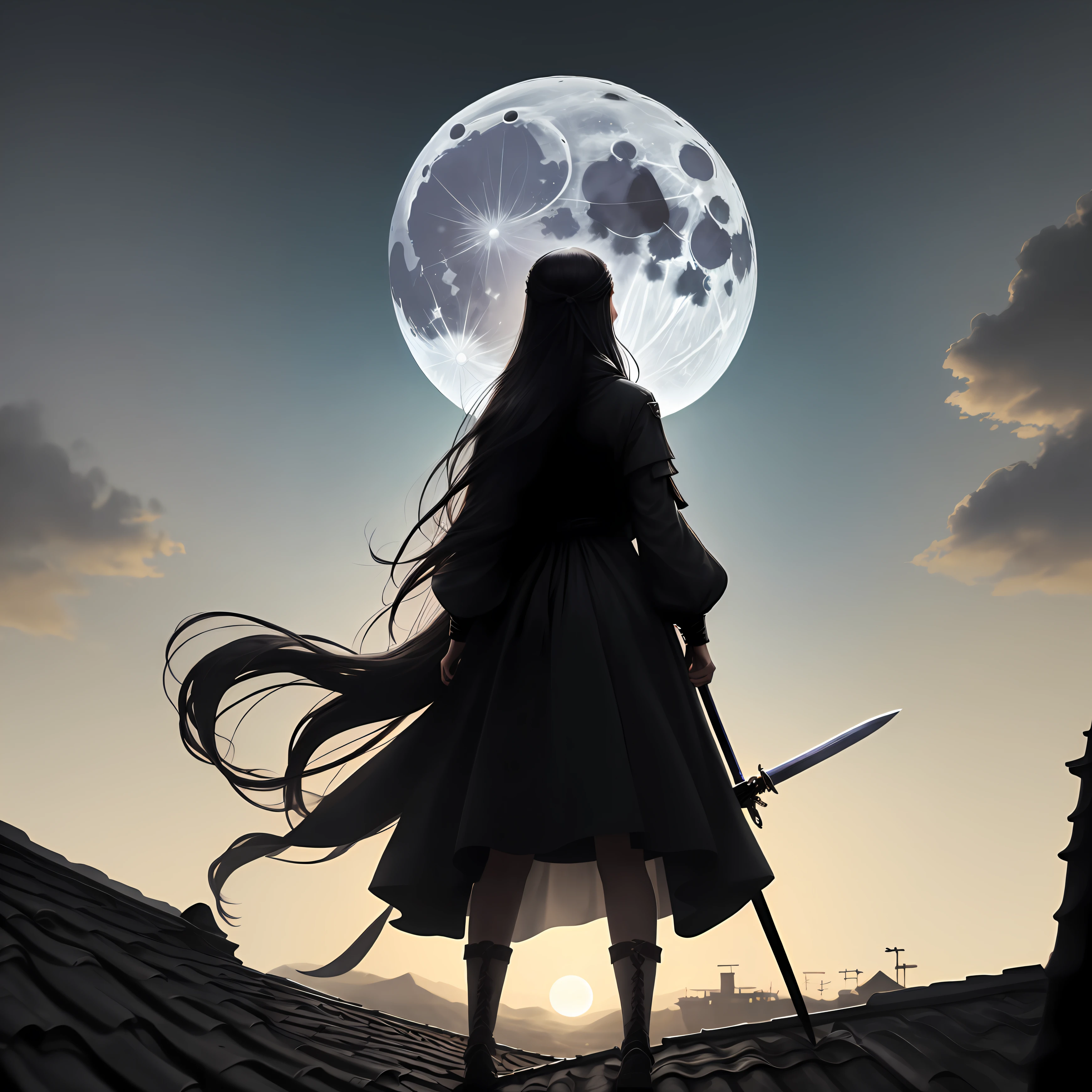 Female swordsman with long hair standing on the roof of the back under the moon All black