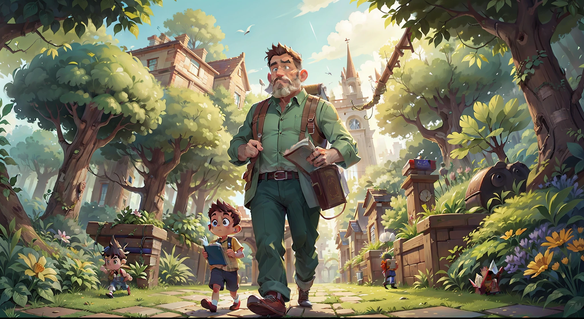 A giant book, Father and son walk on the giant book, Beautiful garden,Surreal