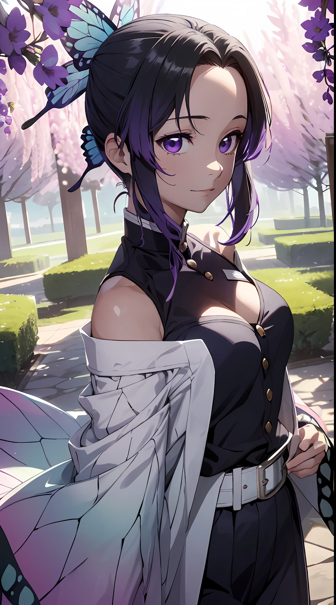 Ultra-realistic 8K CG，tmasterpiece，（（Ultra detailed backgrounds，delicate patterns，Complicated details）），Best quality at best，very vey very detailed face，very detailed eyes and faces，Very detailed eyes，Kochou Shinobu，O cabelo multicolorido，No bangs，hair intakes，Purple eye，haori，butterflys，obi strip，（trpical garden：1.2），purple flower，mostly cloudy sky，rays of sunshine，Tyndall effect，Gradient_sky，the face，beautiful sky，Saber on the waist，captivating posture，（Large breasts:1.3)，（cleavage:1.3)，（Off-the-shoulder attire:1.6)