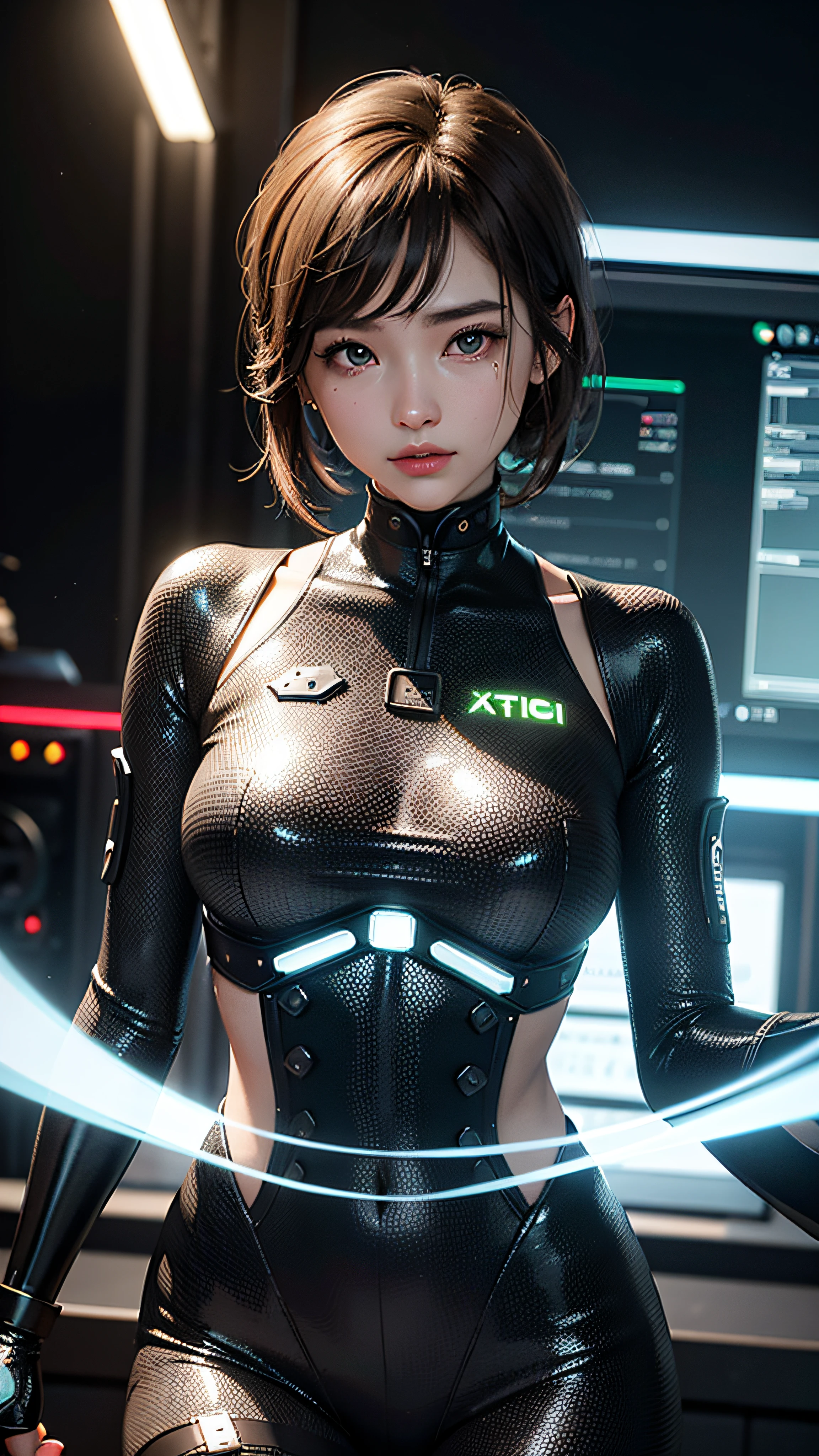 （（best qualtiy））， （（tmasterpiece））， （highly  detailed：1.3）， （Delicate big eyes：1.9）3D， big breasts beautiful （cyber punk perssonage：1.3） Female hacker with short brown hair poses for a photo， computer servers， LCD screens， Fiber optic cable， Company logo， HDR（HighDynamicRange）， Ray traching， NVIDIA RTX， Hyper-Resolution， Unreal 5， sub surface scattering， PBR textures， post-proces， Anisotropic filtering， depth of fields， Maximum clarity and sharpness， Many-Layer Textures， Albedo e mapas Speculares、Surface Coloring、Accurate simulation of light-material interactions、perfectly proportions、rendering by octane、twotonelighting、Low ISO、White balance、trichotomy、Wide aperture、8K RAW、High-Efficiency Sub-Pixel、sub-pixel convolution、Luminous Particle