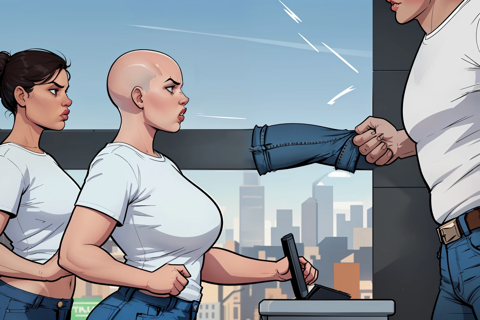 side view of woman, fat, bald, wearing a white tshirt, blue denim pants, angry expressions, confronting, crowd, counter protest, city, daytime, comic book style, flat shaded, prominent comic book outline linework