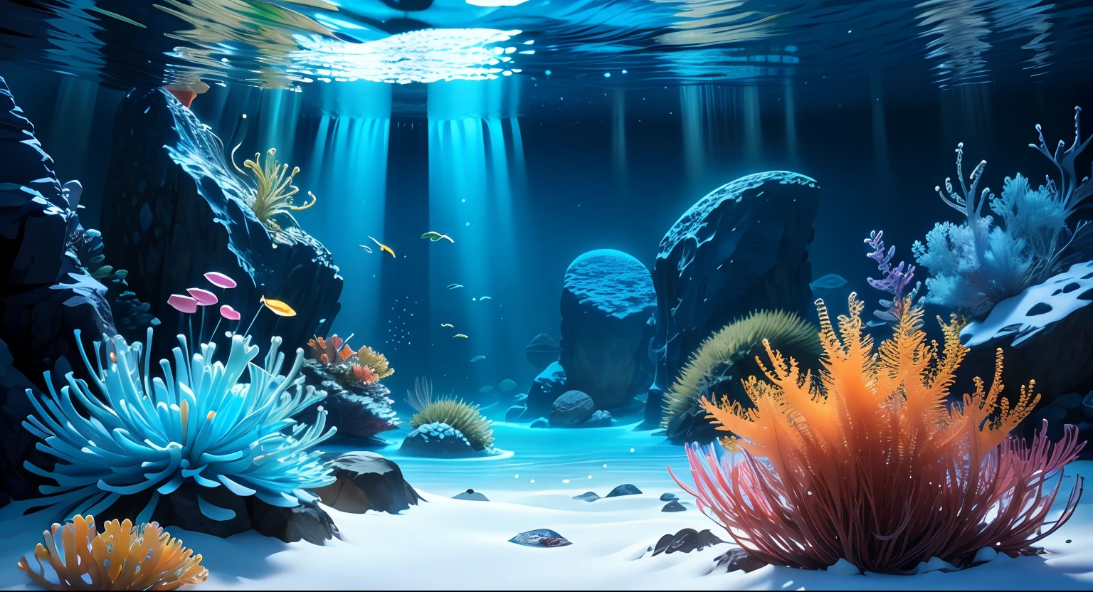 （tmasterpiece： 1.5）， （best qualtiy： 1.5）， A high resolution， highly  detailed， 3DMM，Cool the ice，Underwater world of Antarctica， Sunny and bright，vivid lighting，The depth of the atmosphere，masterful technique，Harmonious composition，Creative improvements，Striking juxtaposition，evocative hues，captivating coloration，dramatic lights，Many very small fish，Colorful tropical fish，