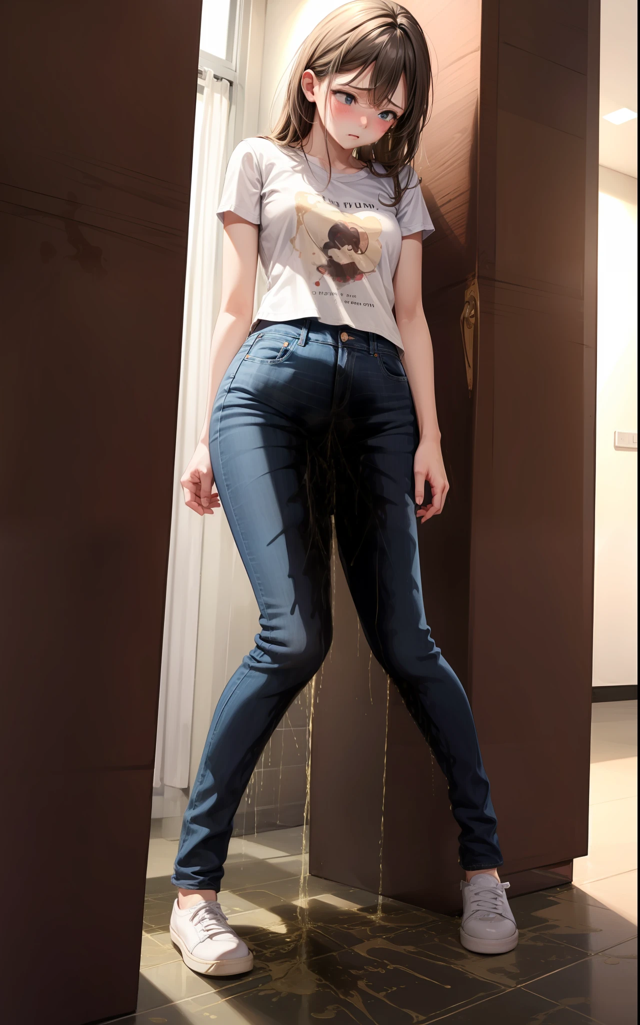 nsfw, masterpiece, best quality, high resolution, (3girls), 20 years old, (jeans pants), full body, blush, worried, city park, ((((((pee stain))))))