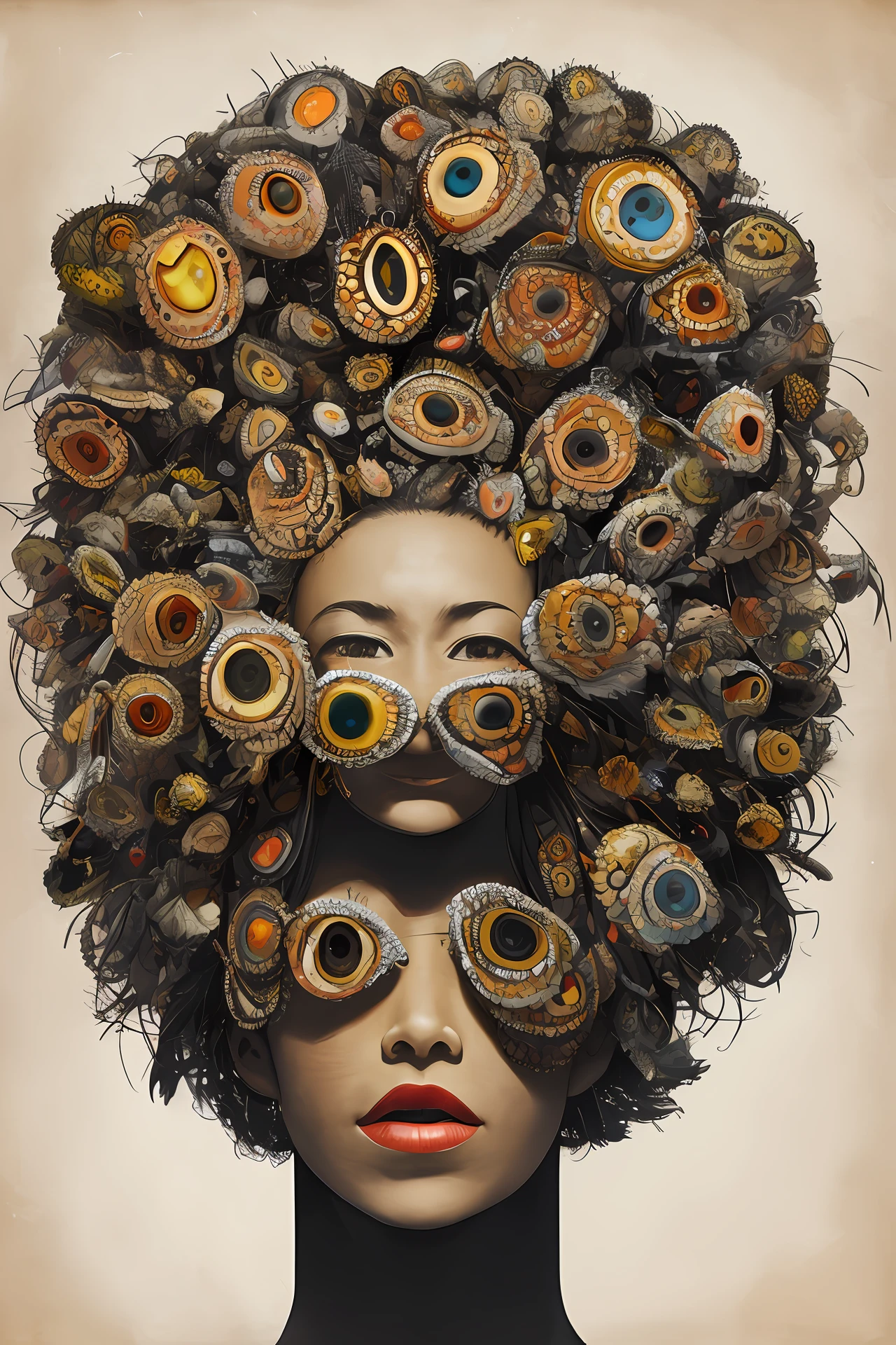 The whole head is full of eyes，Only one leg stands，A woman with a particularly large mouth