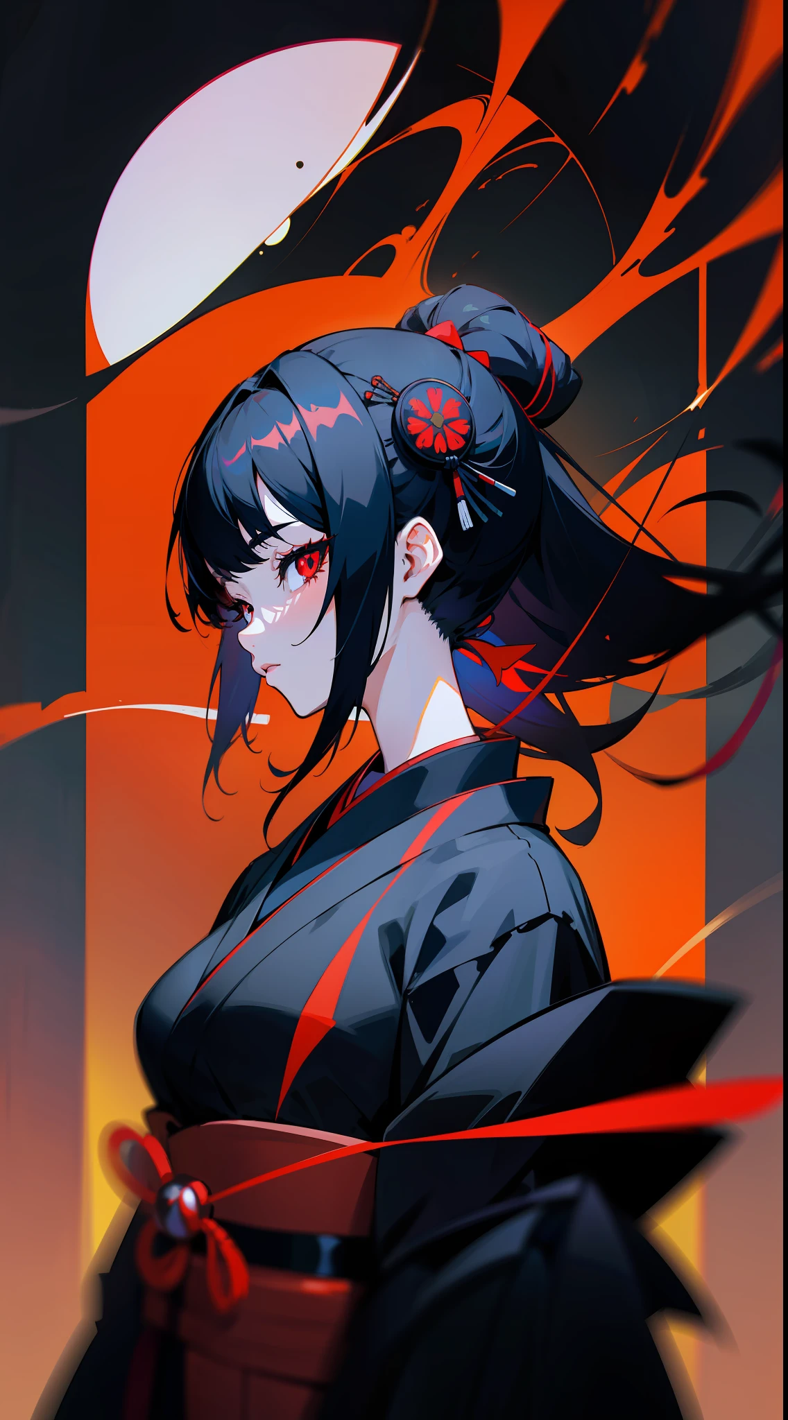 Anime girl with black hair and red eyes in a black kimono, Dark red background,Guviz-style artwork, Guviz, style of anime4 K, cyberpunk geisha, :: rossdraws, Japanese art style, anime cyberpunk art, Anime style illustration, artgerm and ilya kuvshinov, Anime style artwork, rossdraws sakimimichan, Digital anime illustration,Cool,Japan Female Samurai,Cold,Shady,