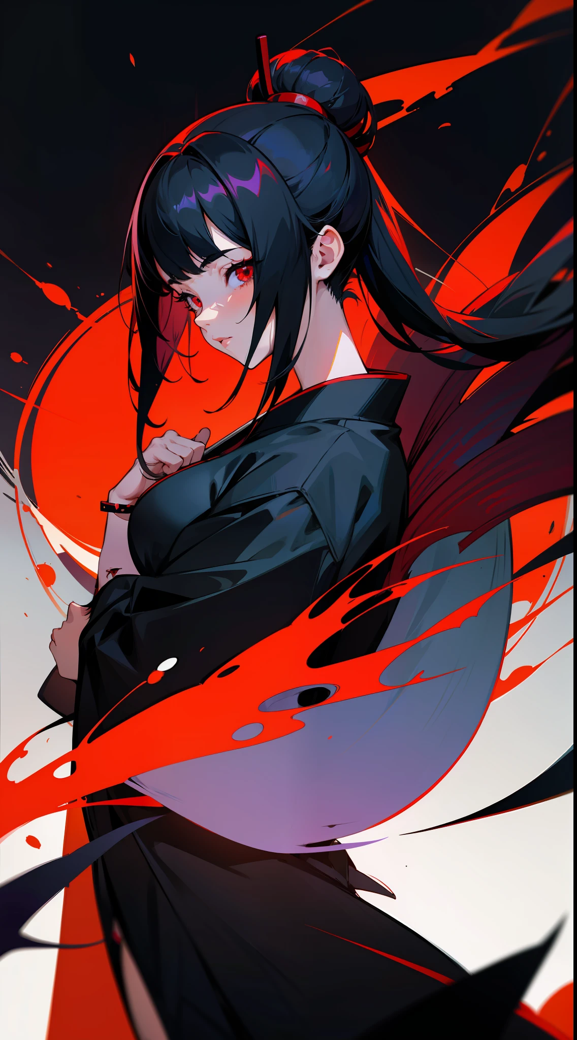 Anime girl with black hair and red eyes in a black kimono, Dark red background,Guviz-style artwork, Guviz, style of anime4 K, cyberpunk geisha, :: rossdraws, Japanese art style, anime cyberpunk art, Anime style illustration, artgerm and ilya kuvshinov, Anime style artwork, rossdraws sakimimichan, Digital anime illustration,Cool,Japan Female Samurai,Cold,Shady,