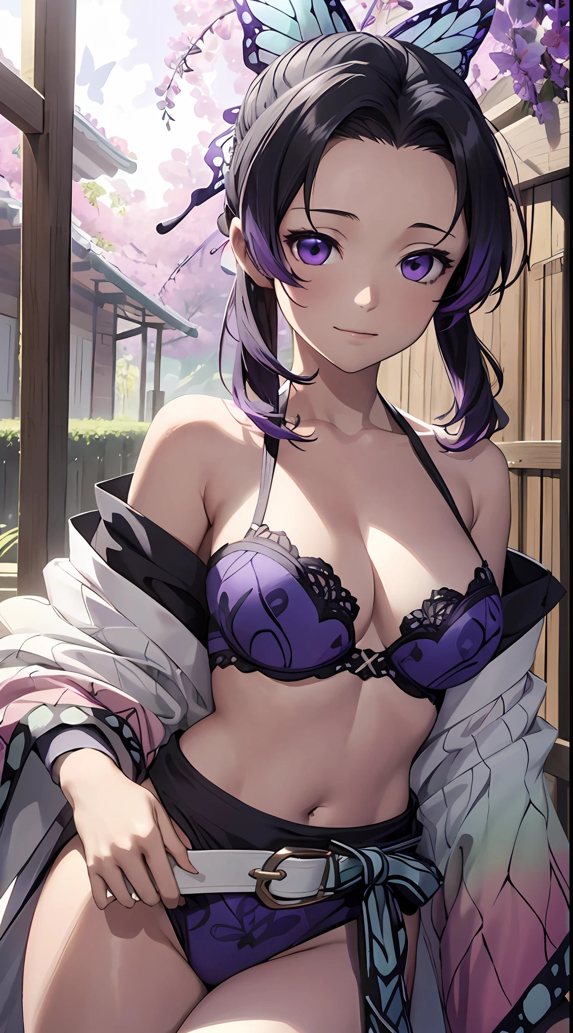 Ultra-realistic 8K CG，tmasterpiece，（（Ultra detailed backgrounds，delicate patterns，Complicated details）），Best quality at best，very vey very detailed face，very detailed eyes and faces，Very detailed eyes，Kochou Shinobu，O cabelo multicolorido，No bangs，hair intakes，Purple eye，haori，butterflys，obi strip，（trpical garden：1.2），purple flower，mostly cloudy sky，rays of sunshine，Tyndall effect，Gradient_sky，the face，beautiful sky，Saber on the waist，captivating posture，（Large breasts:1.3)，（cleavage:1.3)，（Off-the-shoulder attire:1.6)