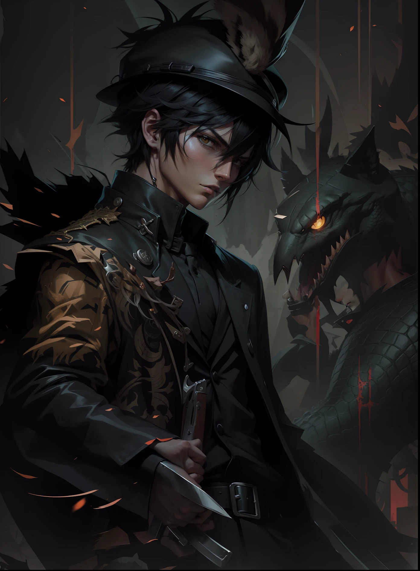 Anime comic style,Crocodile flat-topped captain hat,Wearing a black trench coat,Armed with a bloody chopping knife,Wolf tail hairstyle,shoun