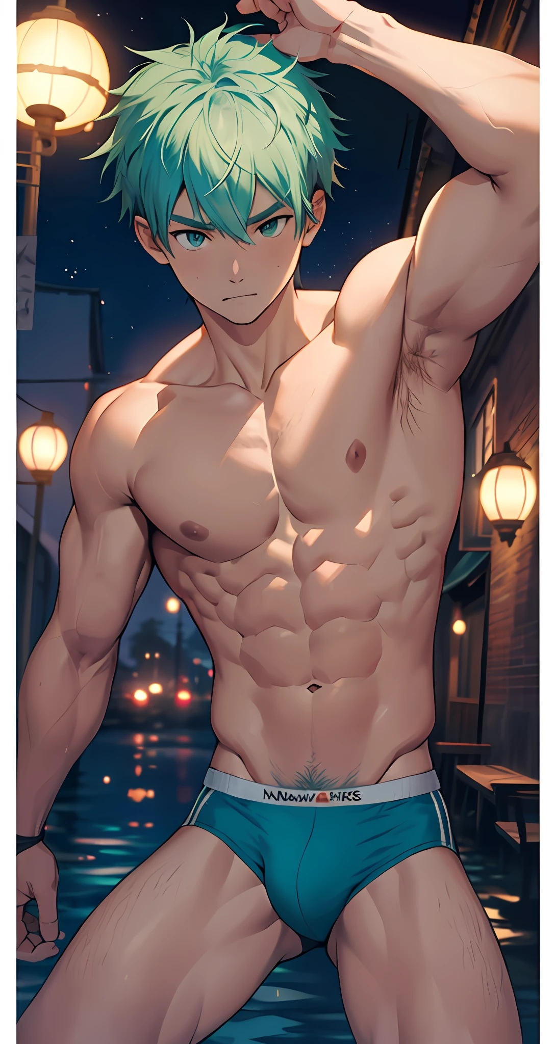 A ,(younge boy face,elntary student,Se faces,a baby face,kiddy big breasts,infancy),nound eyes,se your head,Chest,(Thick chest hair),(Thick abdominal hair),No beard,(Thick tail),rainbowing,Short round face,Flat chin,Fine face in detail,Teal briefs,Muscular and strong,Short light yellow-green hair,(Gradient hair color),nakeness,Teal briefs,Pectoralis abdominal muscles,Bare pectoralis abs,the night,vivd colour,(depth of fields:1.2),spread their legs,legs separated,Keep your legs straight,Close-up Shot Shot,rainbowing