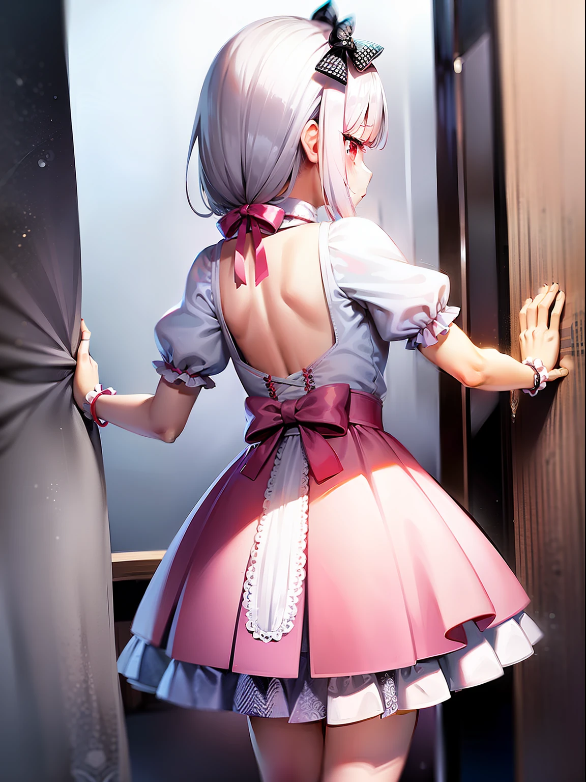 tmasterpiece,one-girl,White color hair,with their face not visible、Pink ta dress,short sleeve dress、Flipping up the skirt behind the back with your hands、Panchira、Cute white pants,backs、a room