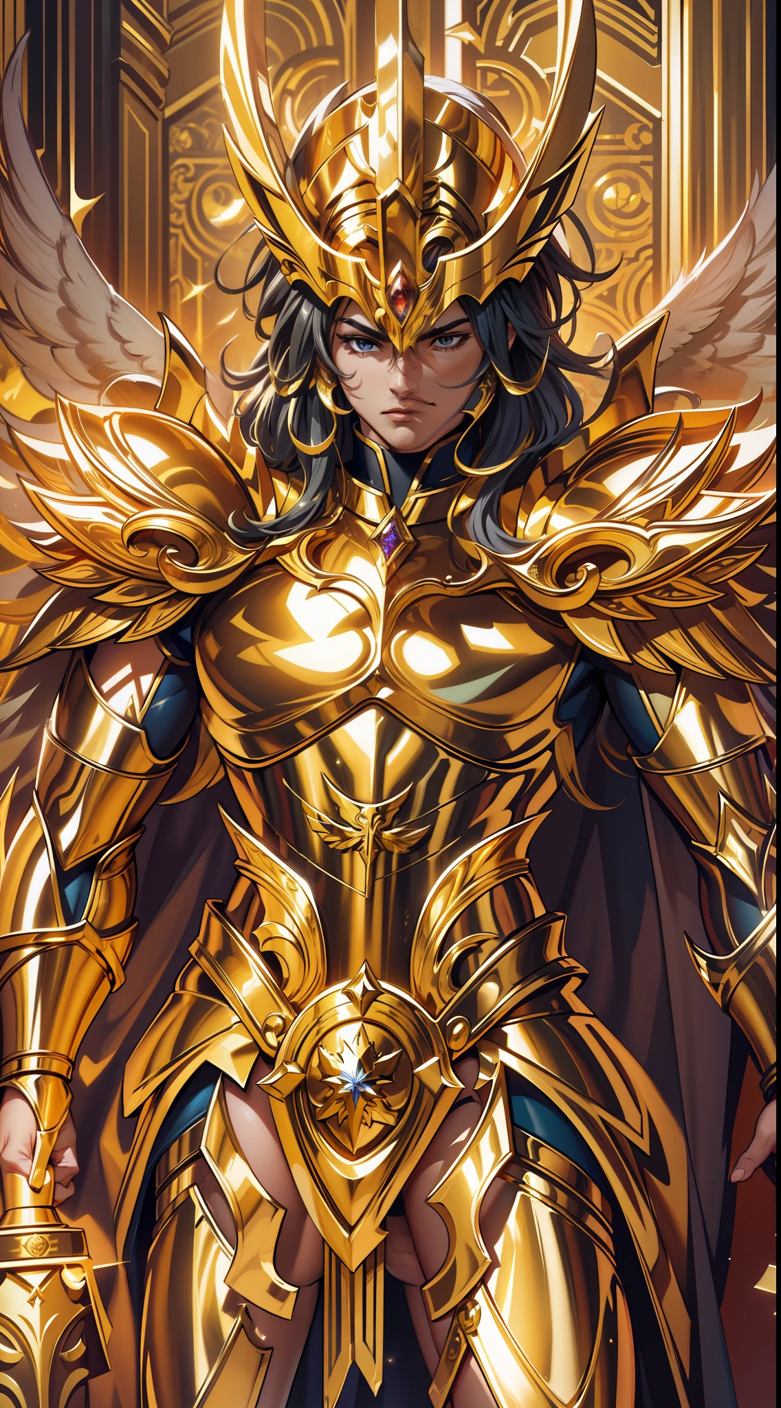 Gold Saint Seiya,Golden full body robe,largeeyes,tmasterpiece,Majestic scene,ornate backdrop,offcial art, Unity 8k wallpaper, Ultra detailed, Beautiful and aesthetic, Masterpiece, Best quality, Photorealistic,Sportsman,lineworks,muscline,Holy Sword,Eagle helmet,Saint Seiya