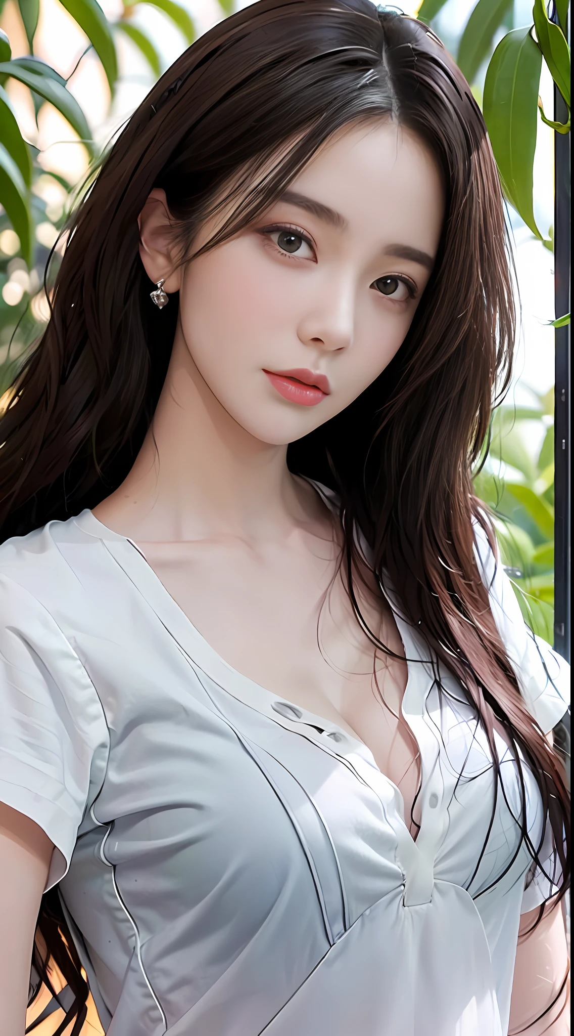 best qualtiy， tmasterpiece， 1girll， beauitful face， （photograph realistic：1.3）， edge lit， （highdetailskin：1.2）， 8K  UHD， digital SLR camera， high high quality， A high resolution， 4K， 8K， Bokeh， absurderes， Optimal proportions of four fingers and one thumb， （realisticlying：1.3）， Cute girl， dressed in a white t-shirt， Attractive breasts， Harnes，Blue sky on background