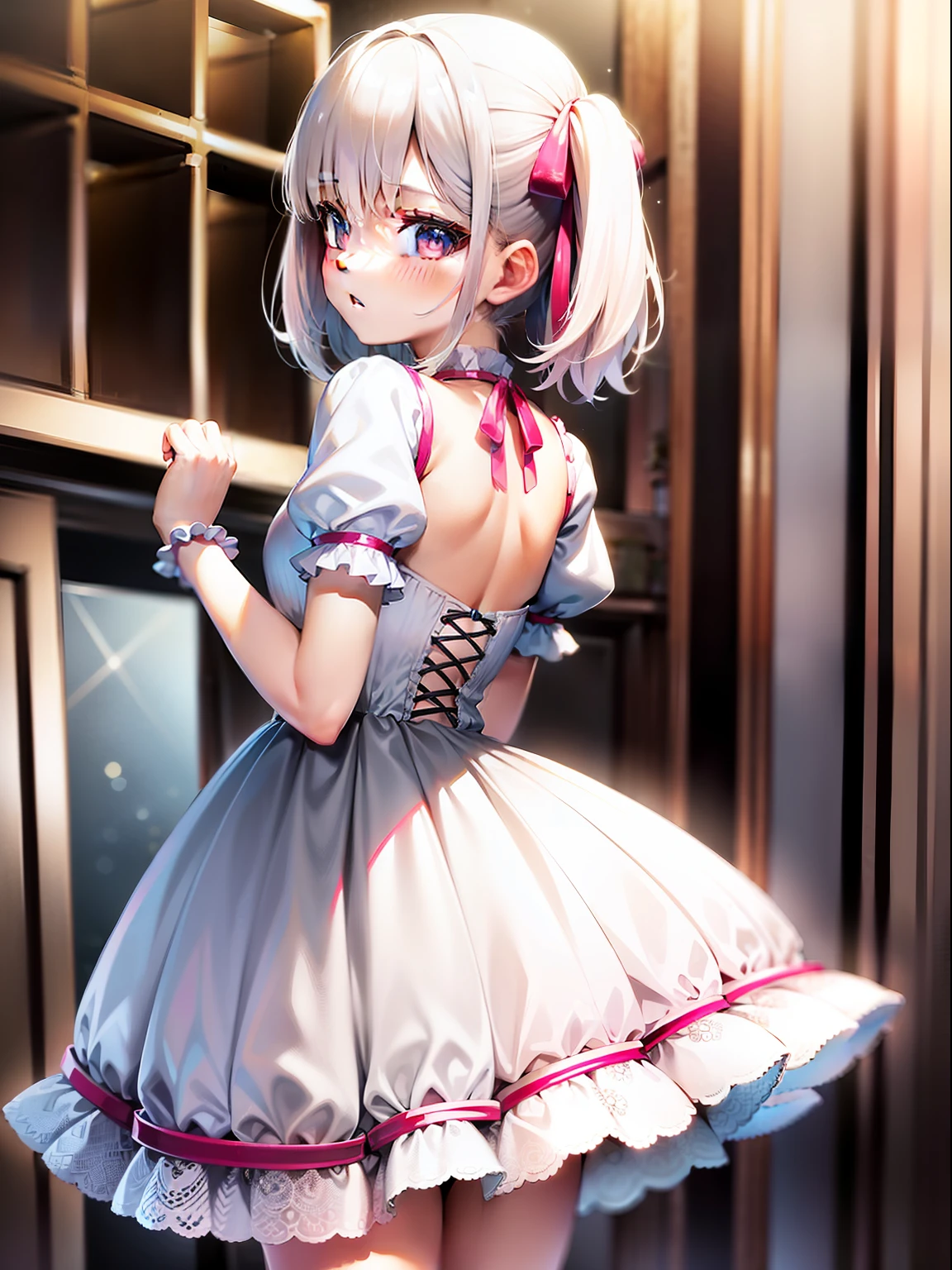 tmasterpiece，one-girl，White color hair，with their face not visible、Pink Lolita dress，short sleeve dress、Flipping up the skirt behind the back with your hands、Panchira、Cute white pants，backs、a room