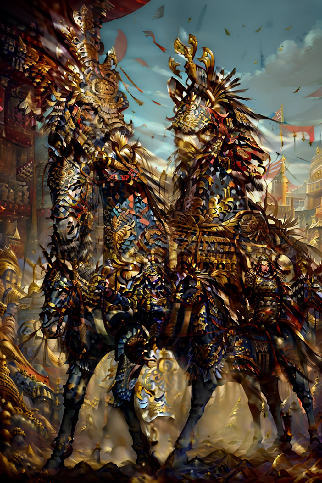 masterpiece, best quality,eaba, horse, horseback riding, riding, flag, weapon, holding, outdoors, army, solo focus, soldier, male focus, polearm, multiple boys, banner, shoulder armor, war, holding weapon, 6+boys, facial hair, reins