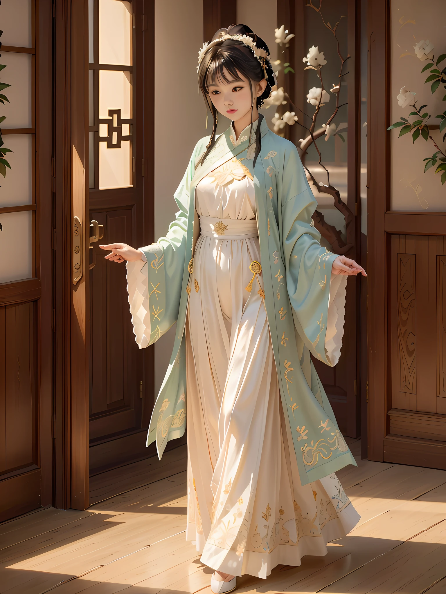 She was draped in a carefully crafted replica of the Xiang Fei colored satin embroidered bird-patterned cloak, exuding elegance and sophistication. The peach-colored cloak showcased intricate embroidery of flowers and birds, while the front sparkled with a silver-gilded gold clasp. Underneath, she wore a light green long jacket with a collar, paired with a lotus-colored blue pattern Xiangjiang Mamianqun. The ensemble revealed her dainty and sharp toe caps, adding to her overall grace and beauty. Though not transparent, her attire highlighted her poise and charm,Imagine a picturesque setting where traditional Chinese aesthetics meet luxury. The scene is adorned with ornate silk tapestries, hand-painted porcelain vases, and delicate bamboo furniture. Soft light filters through silk curtains, casting a warm glow on the room. The air carries a faint scent of sandalwood, transporting you to a bygone era of opulence and refinement,The mood is one of enchantment and allure. It evokes a sense of timeless elegance, where every detail is meticulously designed to captivate the senses. There is an air of mystery and sophistication, inviting you to immerse yourself in the beauty and grace of this world,The atmosphere is infused with a sense of tranquility and sophistication. It exudes a gentle and serene ambiance, allowing one to appreciate the beauty of the surroundings. There is a touch of nostalgia in the air, transporting you to a realm where elegance and tradition coexist harmoniously,Soft, diffused light bathes the scene, enhancing the enchanting atmosphere. Delicate paper lanterns emit a warm, golden glow, casting subtle shadows that highlight the intricate details of the silk garments and decorative elements. The lighting accentuates the richness of colors and textures, creating a visually captivating experience. The overall effect is evocative of a timeless painting, where the interplay of light and shadow adds depth and dimension to the scene
