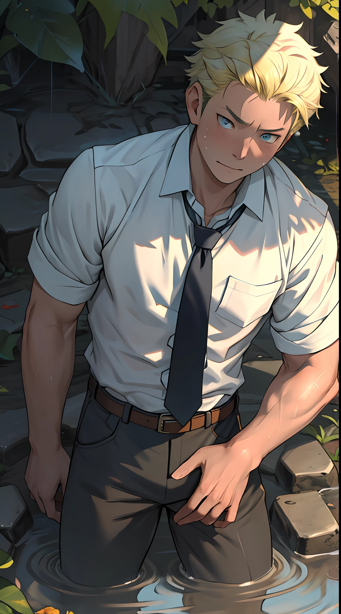 (1 Adult male),A high resolution, Sharp focus, Pixiv masterpiece, ((Complicated details)), highly detailed, natsuki_subaru, 1 man,Lying in the mud, Lazy,full bodyesbian, blue color eyes(eyes glowing), Short yellow hair,white shirt,Wear a tie,Wear a belt,perspire,rain,Drenched,Sweaty crotch,look from down