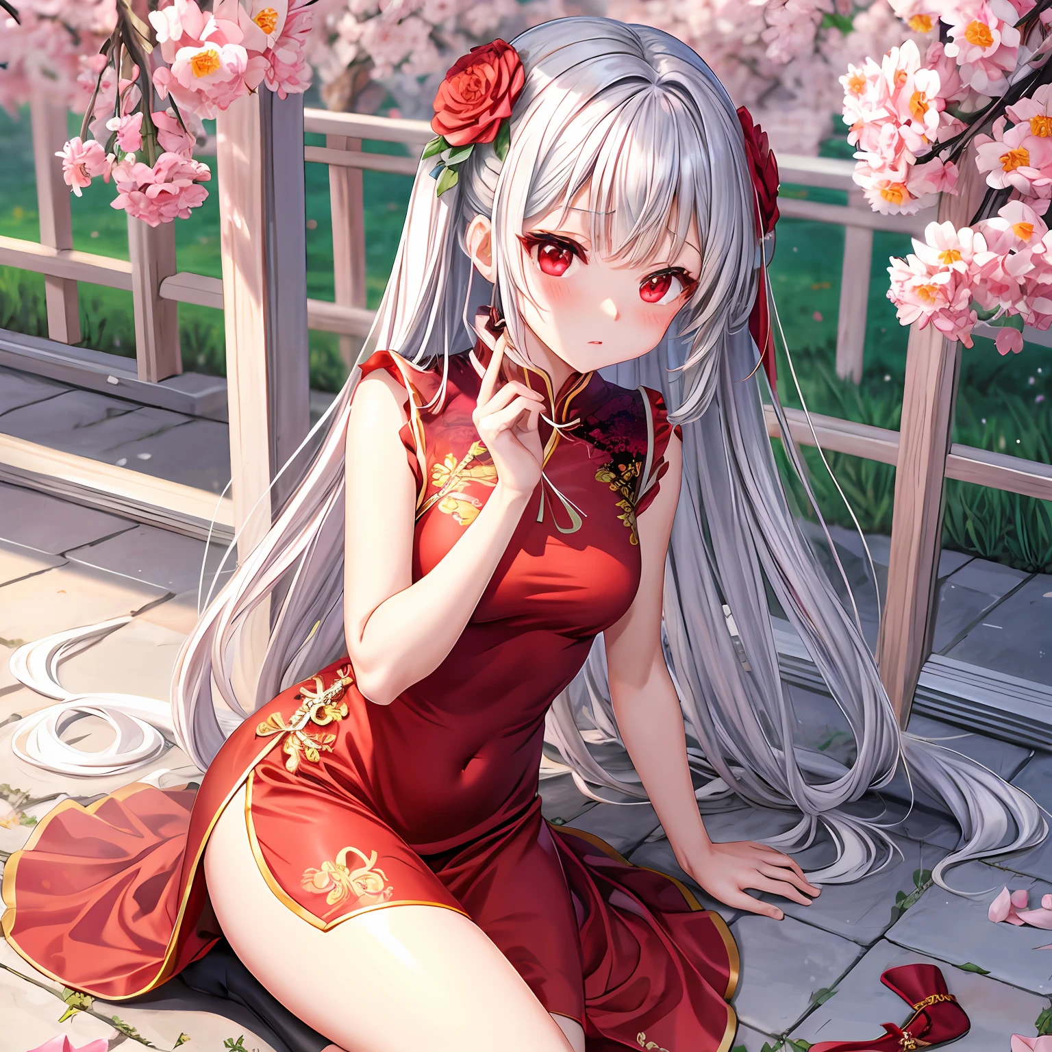 silber hair、red eyes、One pretty girl、独奏、animesque、flower  field、red blush、qipao dress、a miniskirt