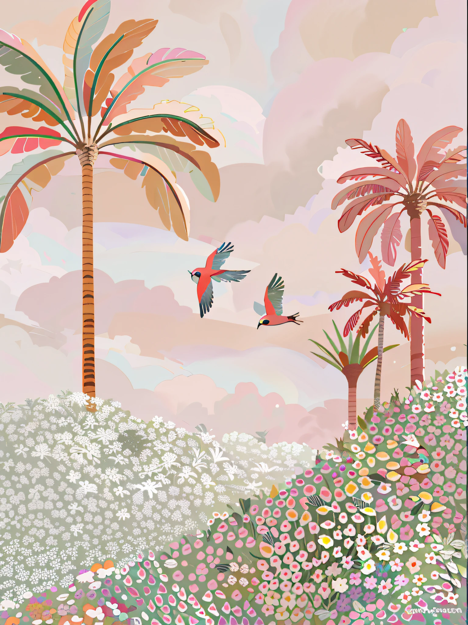 (alta qualidade), There are two birds flying over a field of flowers and trees, illustration", lush oasis, humor tropical, Directed by: Lucette Barker, Uma paisagem tropical abstrata, watercolor artwork of exotic, tropics, mythical floral hills, paisagem cor-de-rosa, aves tropicais, paisagem arejada, Directed by: Anita Malfatti, Jane Newland, Directed by: Josse Lieferinxe, dreamy illustration